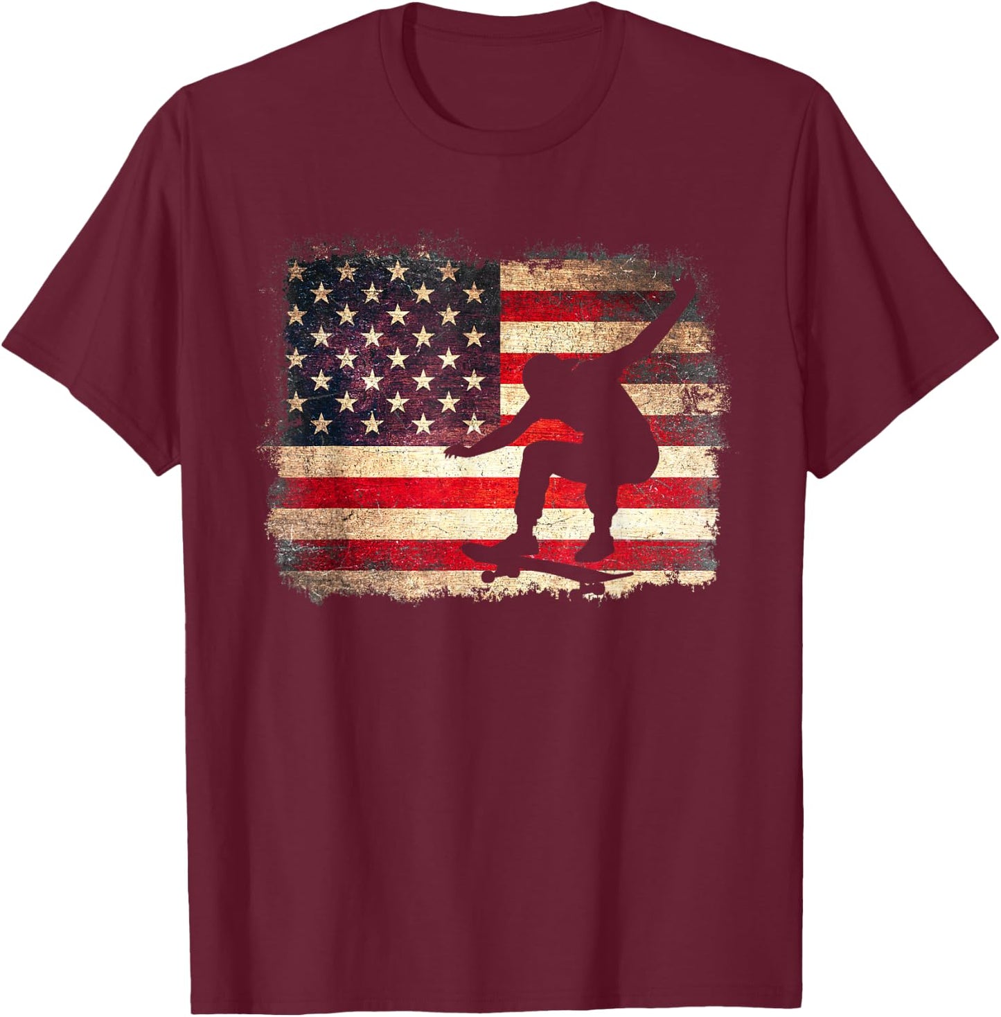 Skateboarder American Flag Skateboard USA Skater 4th of July T-Shirt - T-Shirt | Maroon