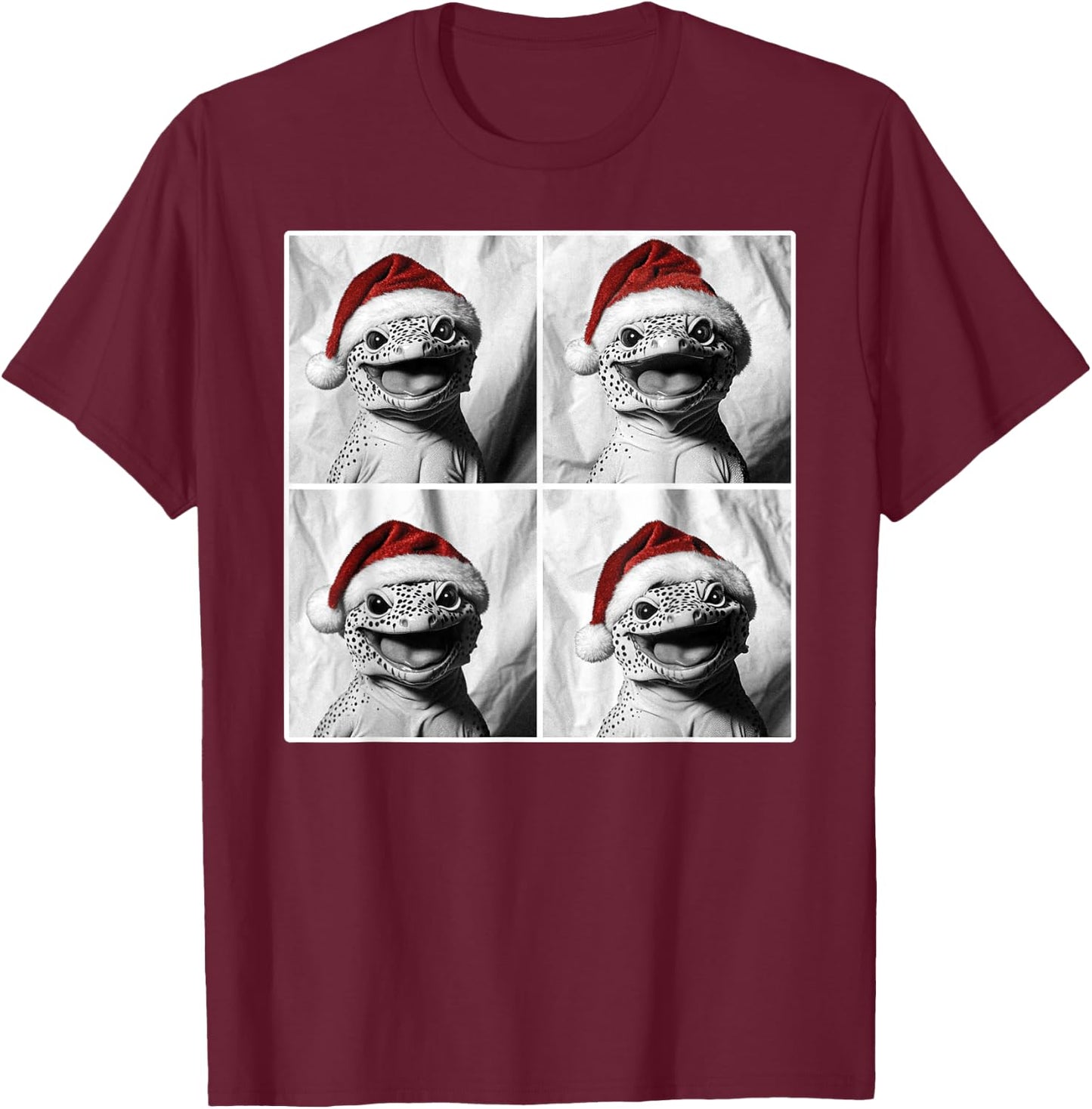 Funny Leopard Gecko in Santa Hat Christmas Photobooth Selfie T-Shirt - T-Shirt | Maroon