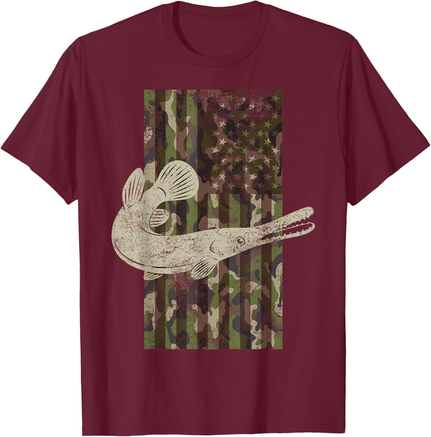 Camo US Flag American Alligator Gar Fishing T-Shirt - T-Shirt | Maroon