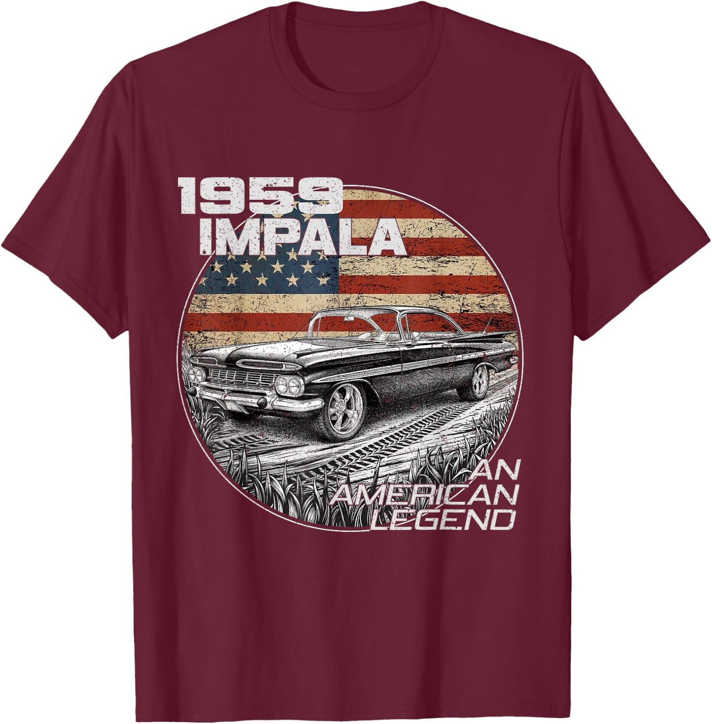 1959 59 Impala Old School Muscle Car American Flag T-Shirt - T-Shirt | Maroon