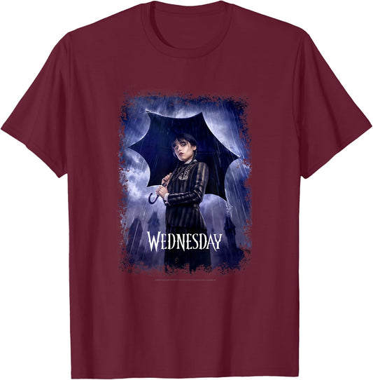 Wednesday Black Umbrella Under The Rain Real Photo Portrait T-Shirt - T-Shirt | Maroon