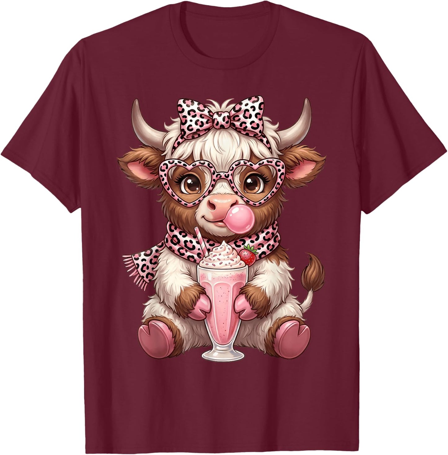 Scottish Highland Cow Eating Bubblegum T-Shirt - T-Shirt | Maroon