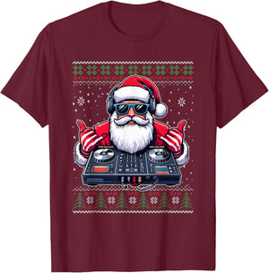 Christmas Santa DJ Mixer Music Ugly Christmas Sweater T-Shirt - T-Shirt | Maroon