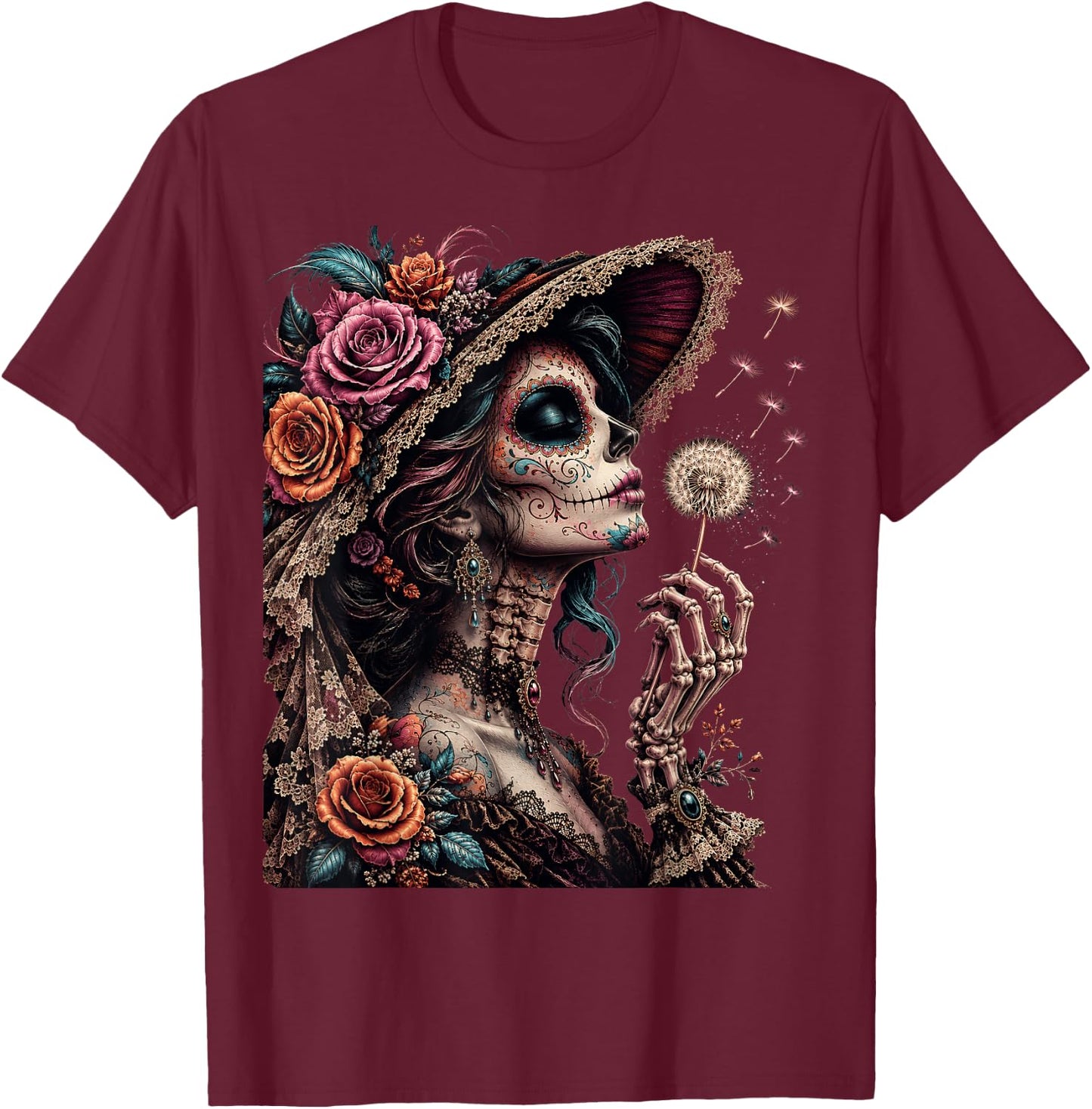 Vintage La Catrina Blowing Wishes Gothic Dandelion Floral T-Shirt - T-Shirt | Maroon