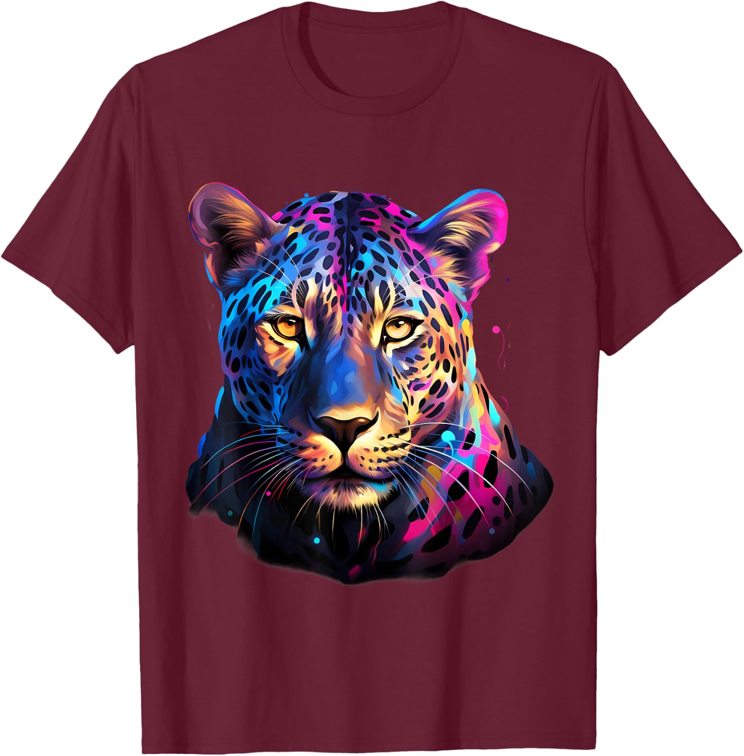 Leopard Colorful Portrait Artwork Wildlife Animal Print T-Shirt - T-Shirt | Maroon