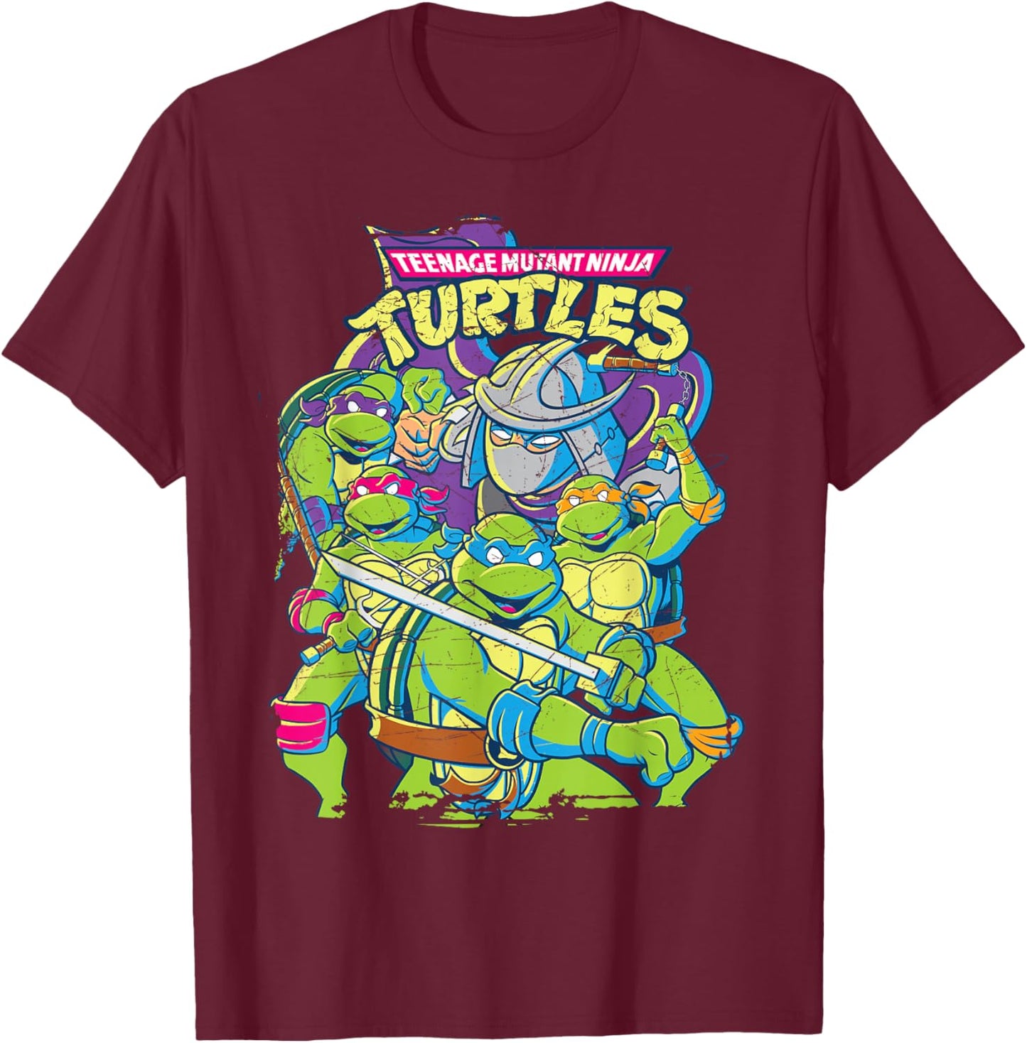 Teenage Mutant Ninja Turtles Fight With Shredder , Black, S T-Shirt - T-Shirt | Maroon