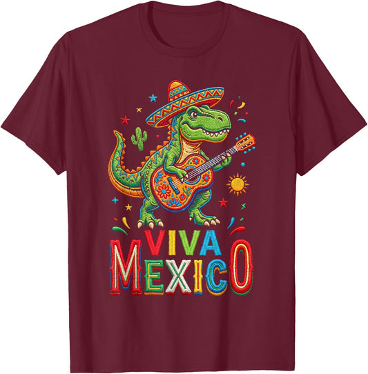 Viva Mexico Boy Dinosaur Mexican Independence Day Kids T-Shirt - T-Shirt | Maroon