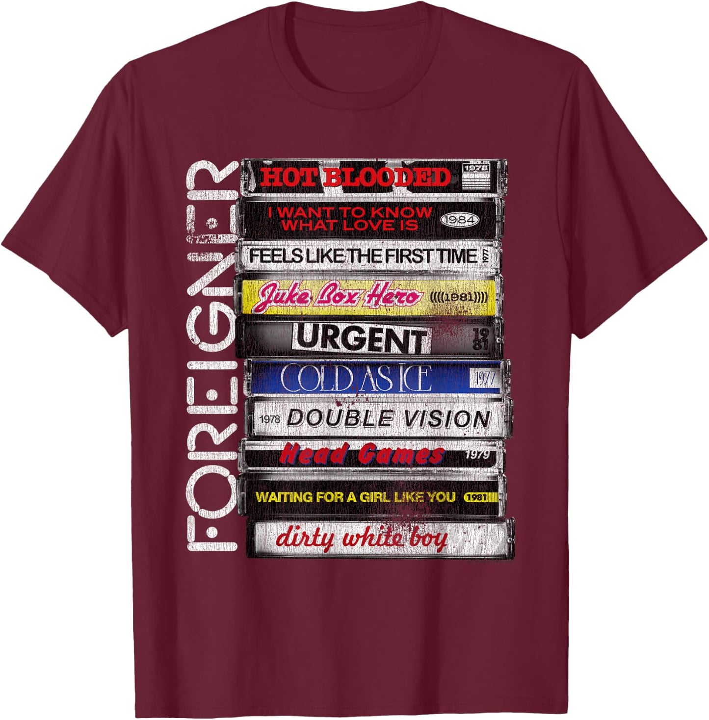 Ripple Junction x Foreigner Classic Hit Songs 80s Rock Band , grey, S T-Shirt - T-Shirt | Maroon
