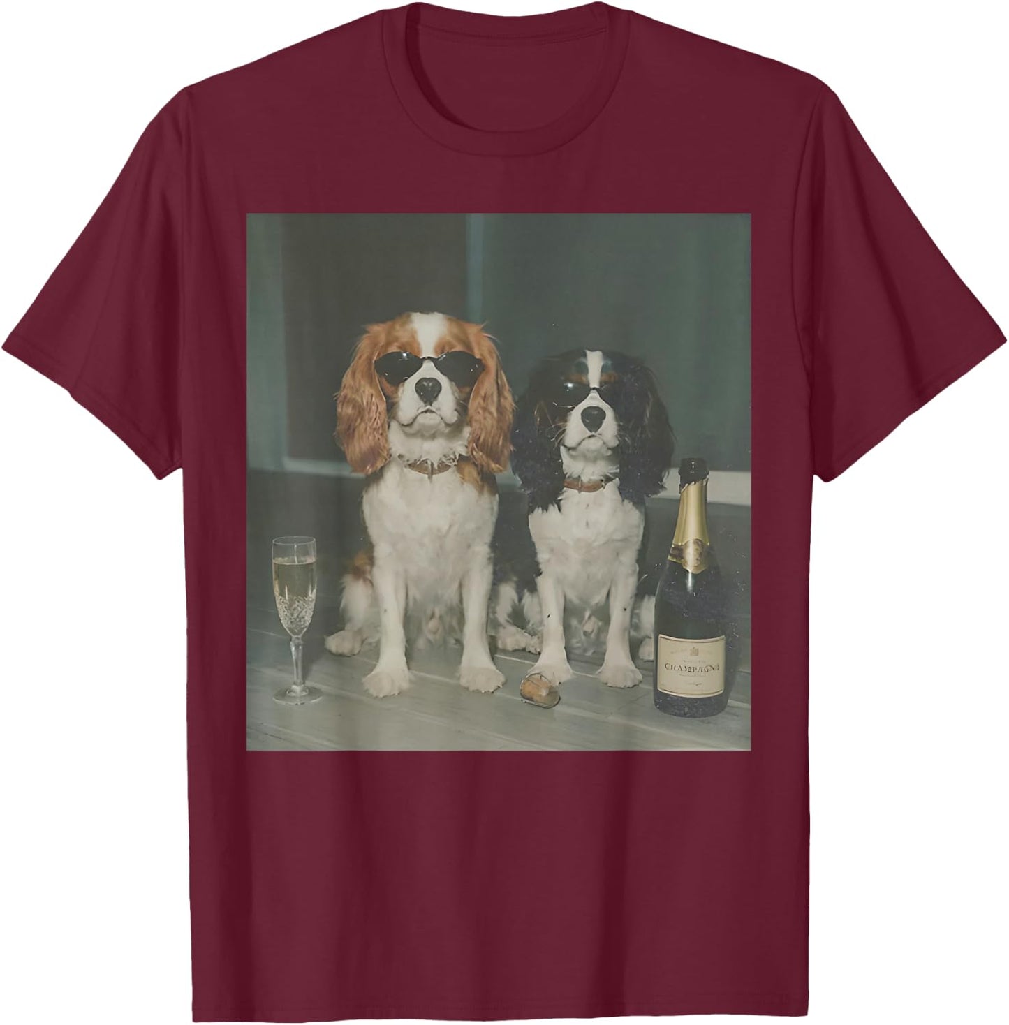 Cavalier King Charles Drinking Champagne Funny Dog Meme T-Shirt - T-Shirt | Maroon