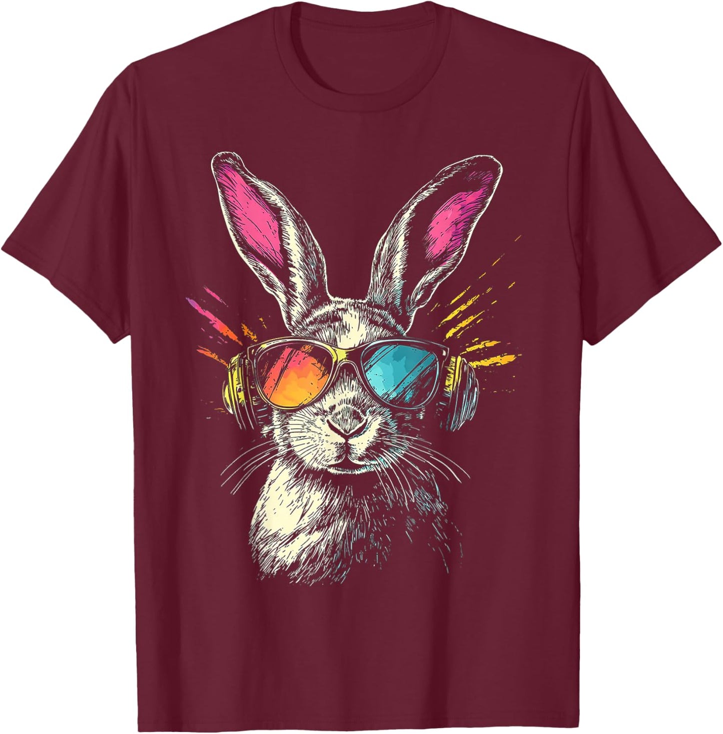 Rabbit Animal Motif Music Headphones Sunglasses Rabbit , black T-Shirt - T-Shirt | Maroon