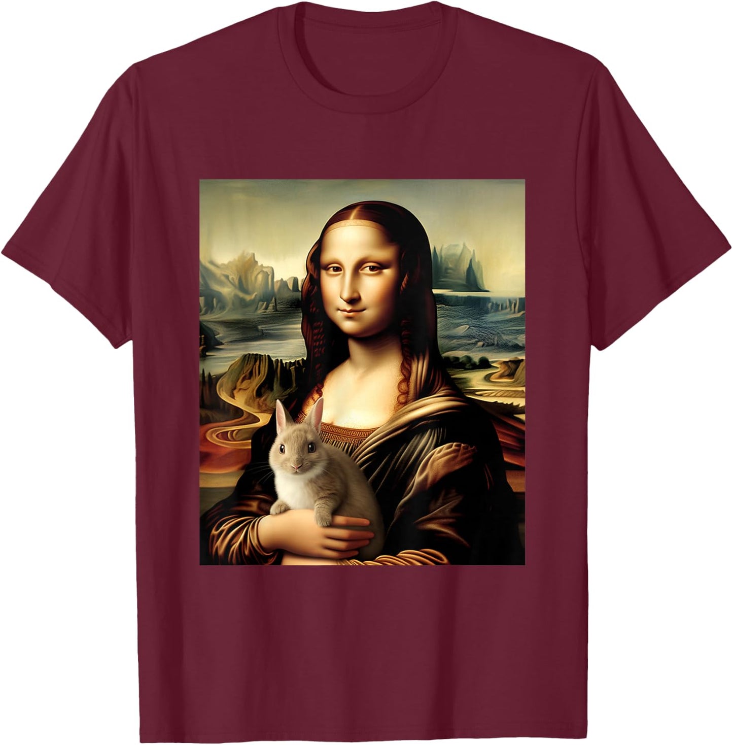 Mona Lisa With Bunny Funny Leonardo Da Vinci Art Painting T-Shirt - T-Shirt | Maroon