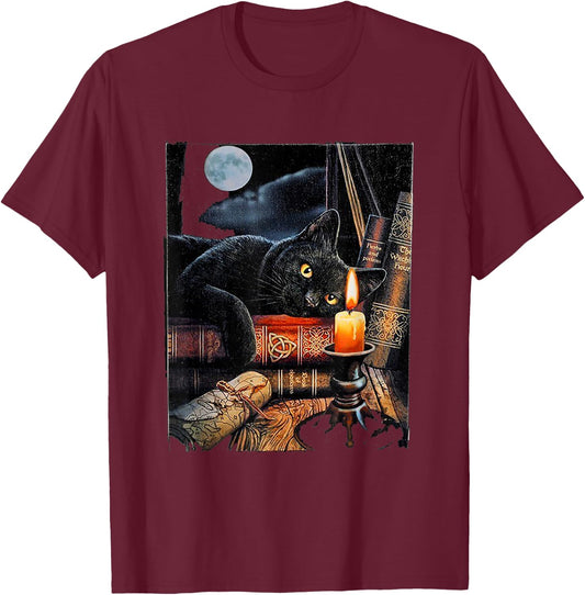 Black Cat Reading Books Witchcraft Ritual T-Shirt - T-Shirt | Maroon