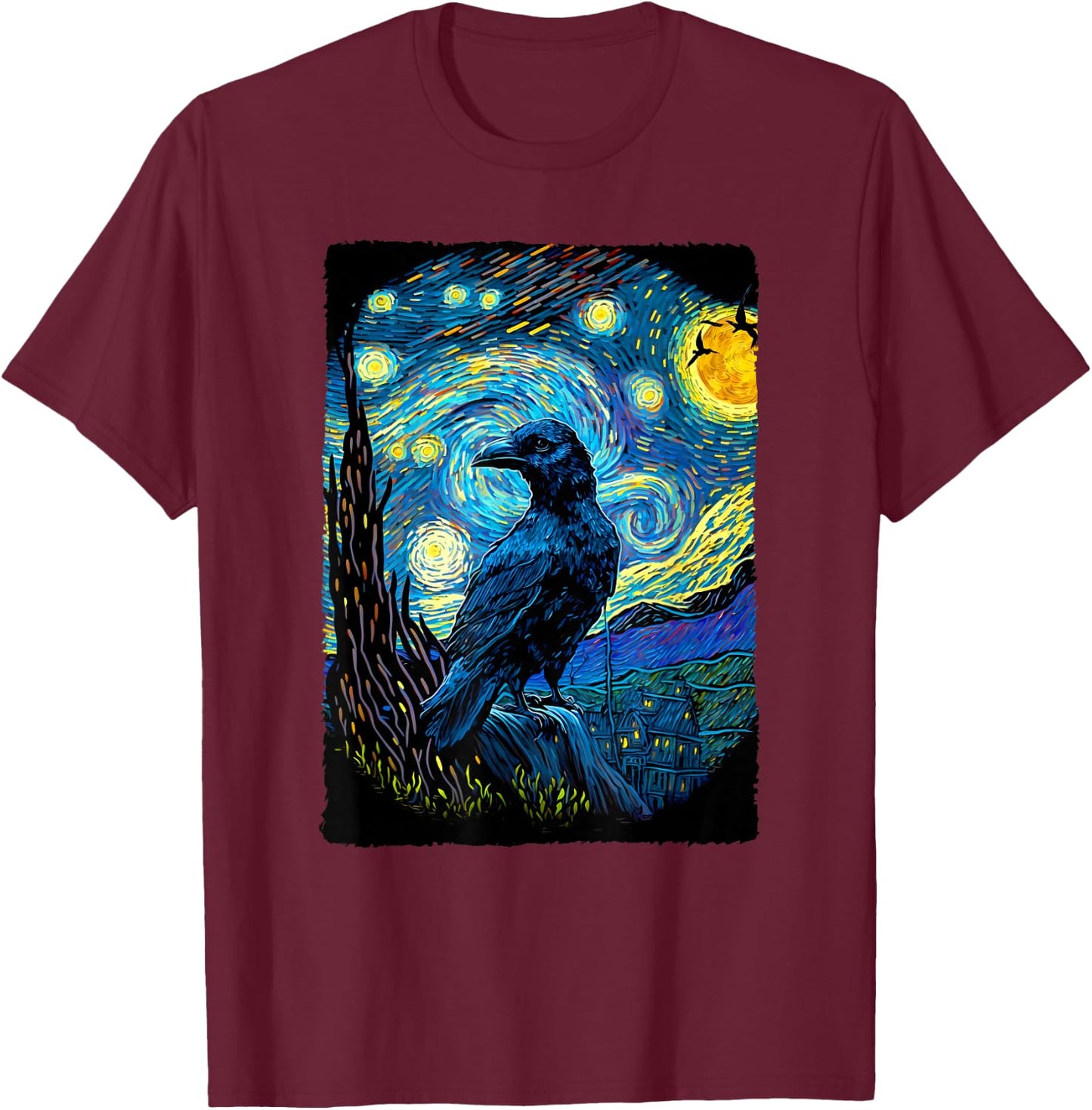 Raven Starry Night Style Painting, Van Gogh Crow Lover T-Shirt - T-Shirt | Maroon