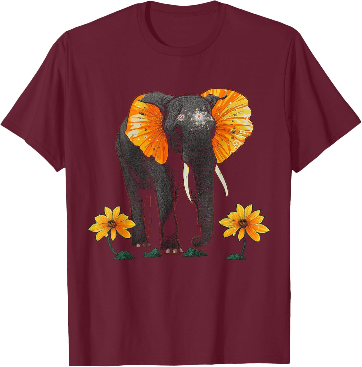 Elephant Animal Africa Art Flowers Elephant T-Shirt - T-Shirt | Maroon