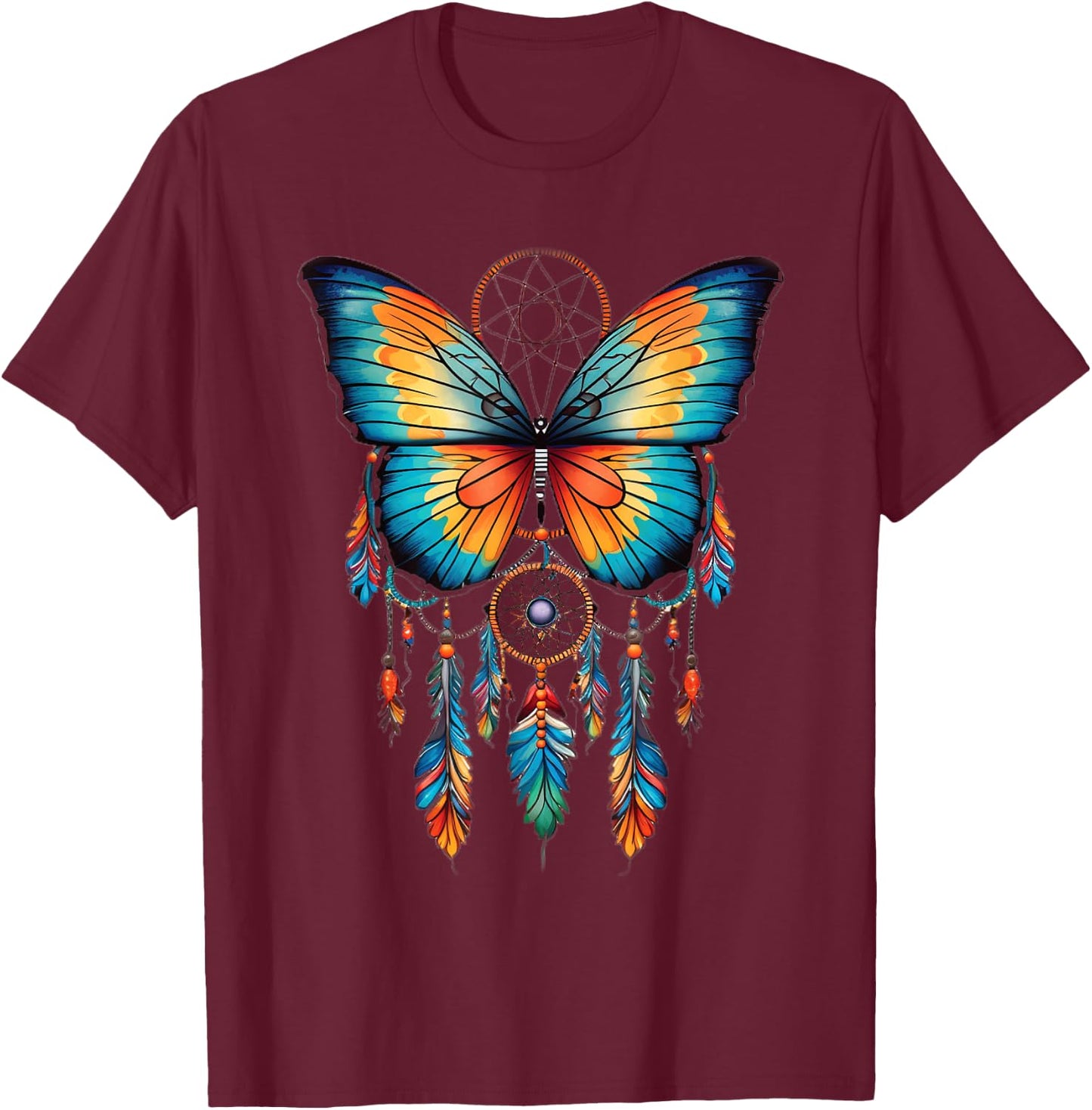 Feather And Butterfly Dream Catcher Designed T-Shirt - T-Shirt | Maroon