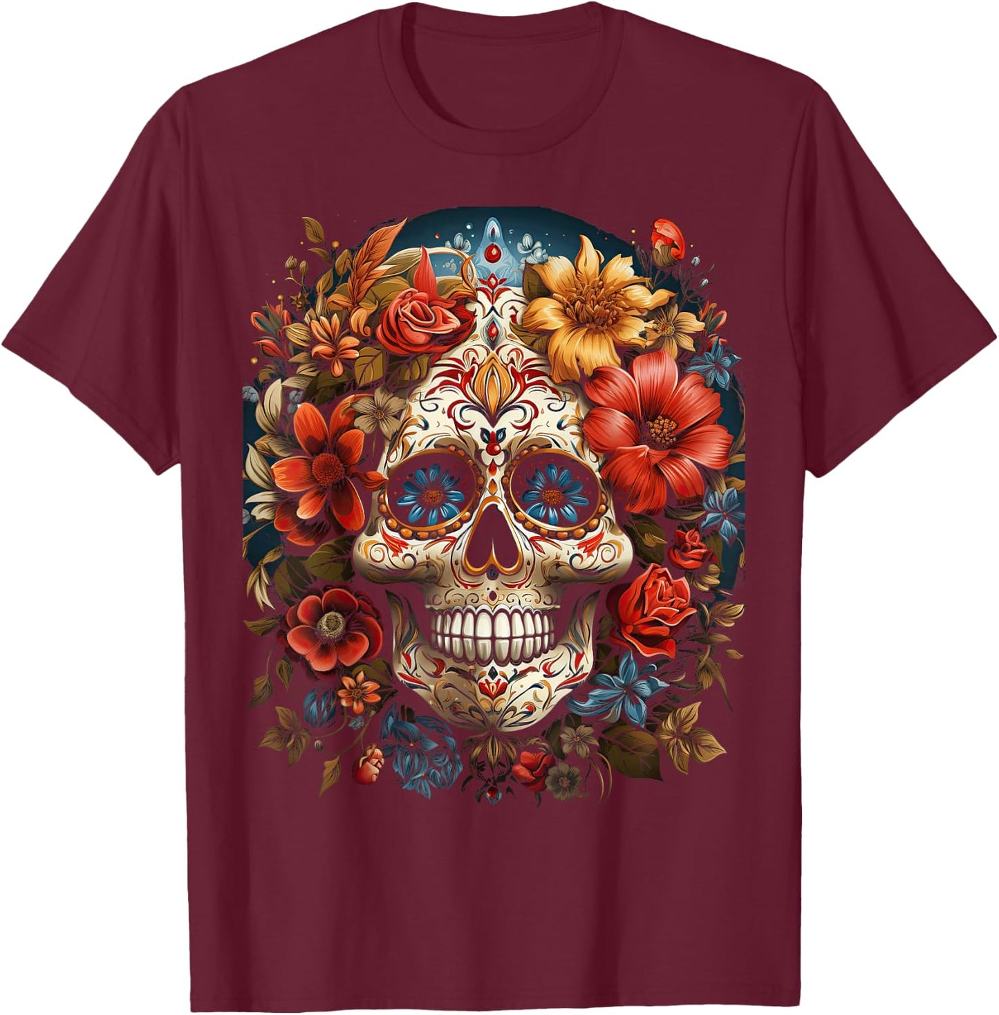 Day of The Dead Skull Schädel mit Blumen mexikanisches T-Shirt - T-Shirt | Maroon