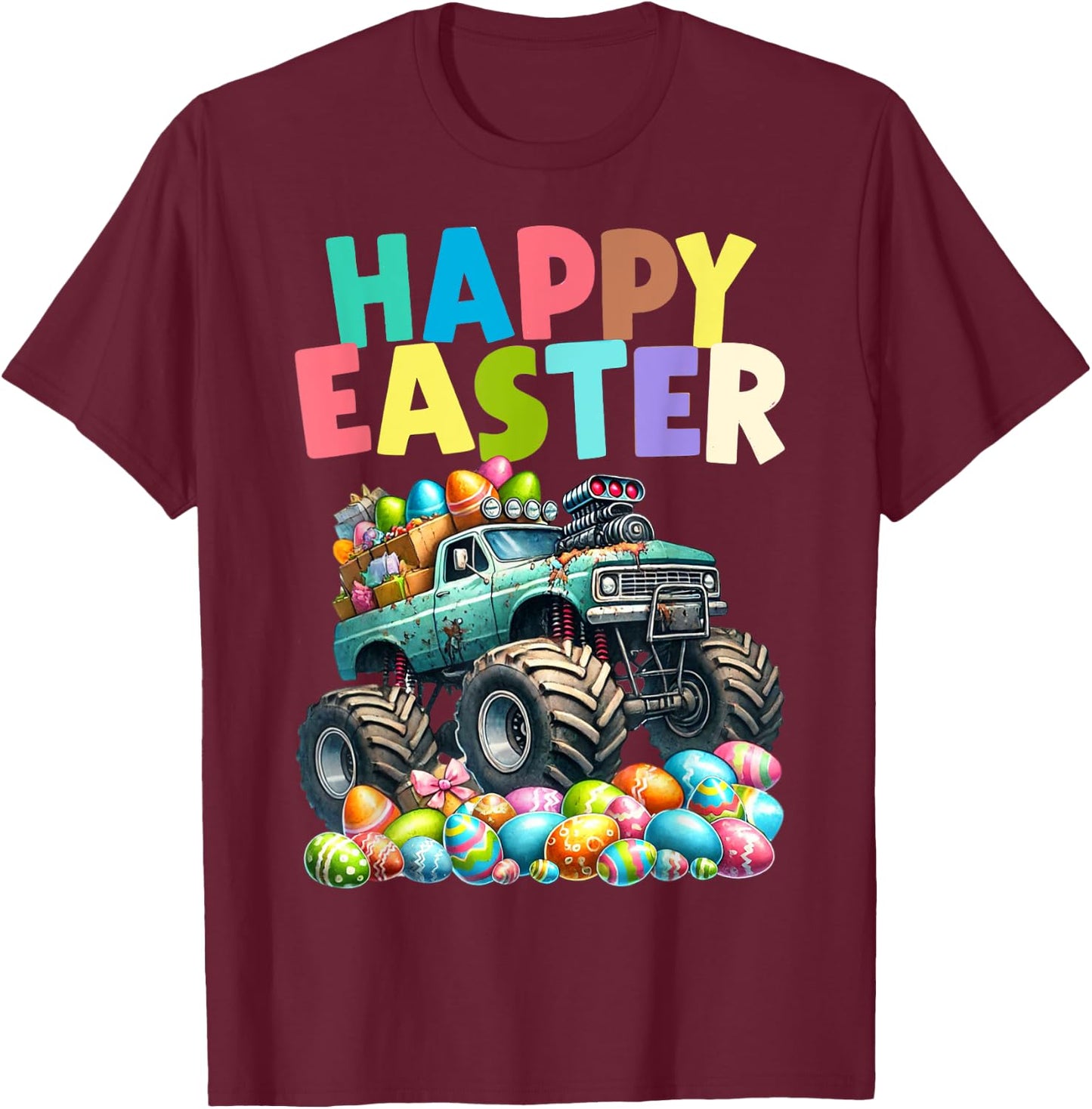 Boys Happy Easter Monster Truck Easter Eggs Hunt Toddler Kid T-Shirt - T-Shirt | Maroon