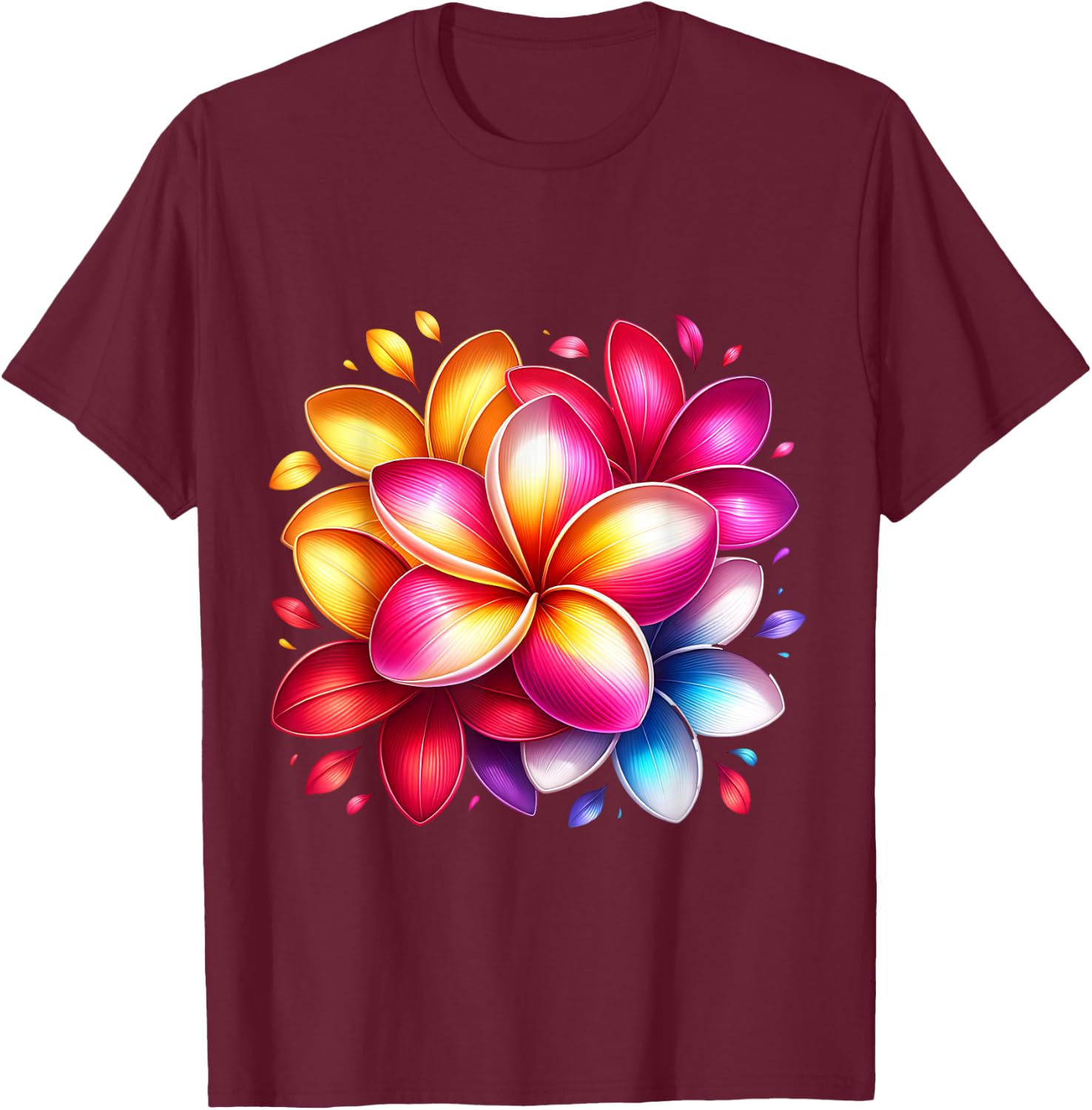Colourful Plumeria Flowers Tropical T-Shirt - T-Shirt | Maroon