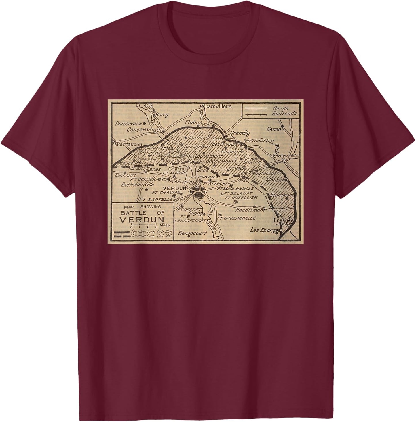 Old Battle of Verdun Map (1924) T-Shirt - T-Shirt | Maroon