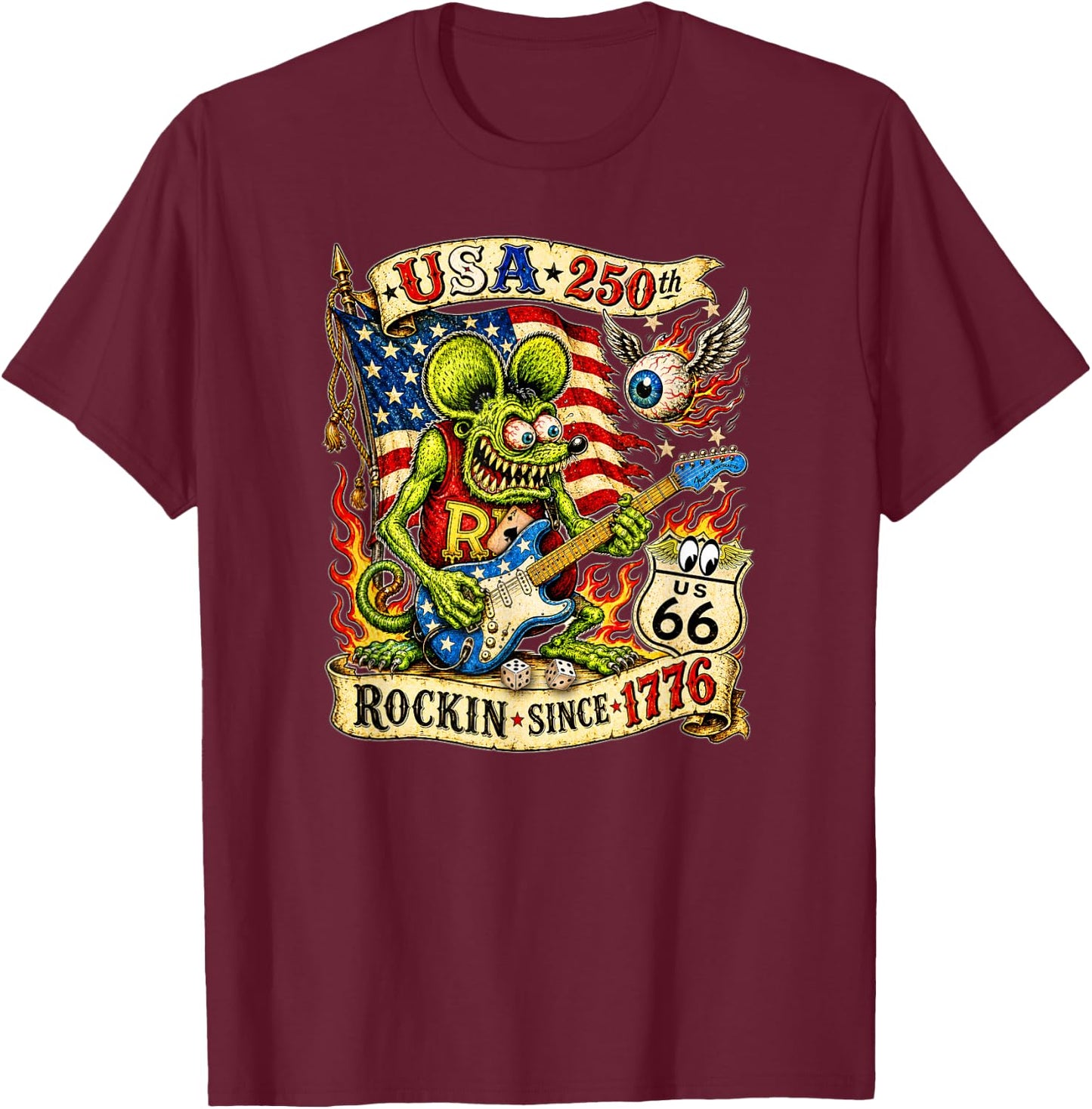 USA 250th Rat Fink US Highway 66 Guitar Flag Dice Ace Retro T-Shirt - T-Shirt | Maroon