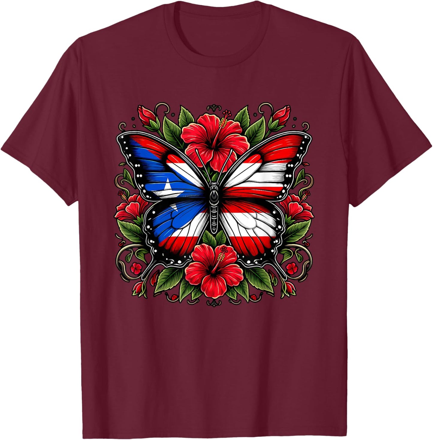Puerto Rican Day | Puerto Rico Butterfly Flag Women and Girl T-Shirt - T-Shirt | Maroon