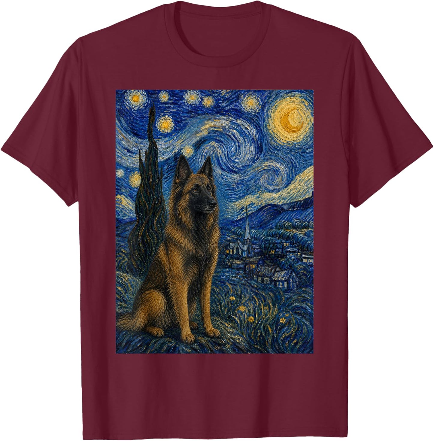 Belgian Tervuren Dog Van Gogh Starry Night T-Shirt - T-Shirt | Maroon