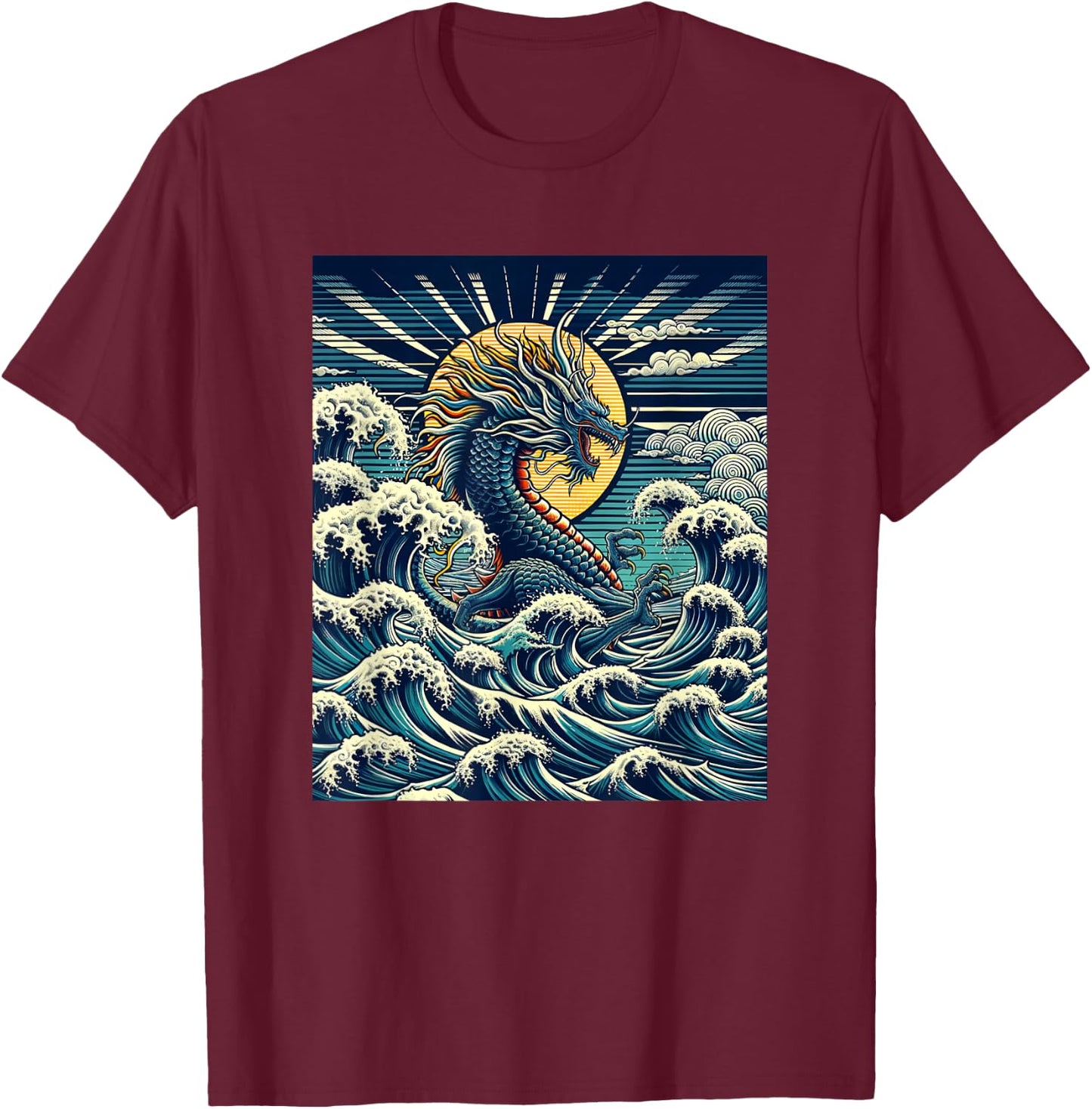 Year of the Dragon with The Great Wave off Kanagawa T-Shirt - T-Shirt | Maroon