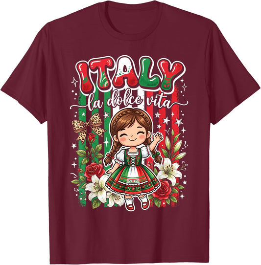 Cute Italy Girl Traditional Dress with Flowers for Kids Girl T-Shirt - T-Shirt | Maroon