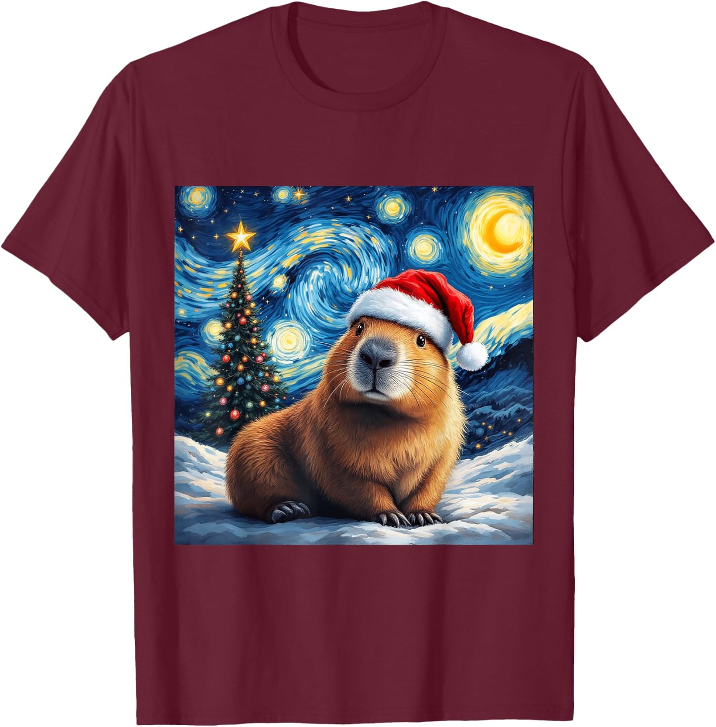 Christmas Capybara Santa Hat Van Gogh Starry Night Holiday T-Shirt - T-Shirt | Maroon