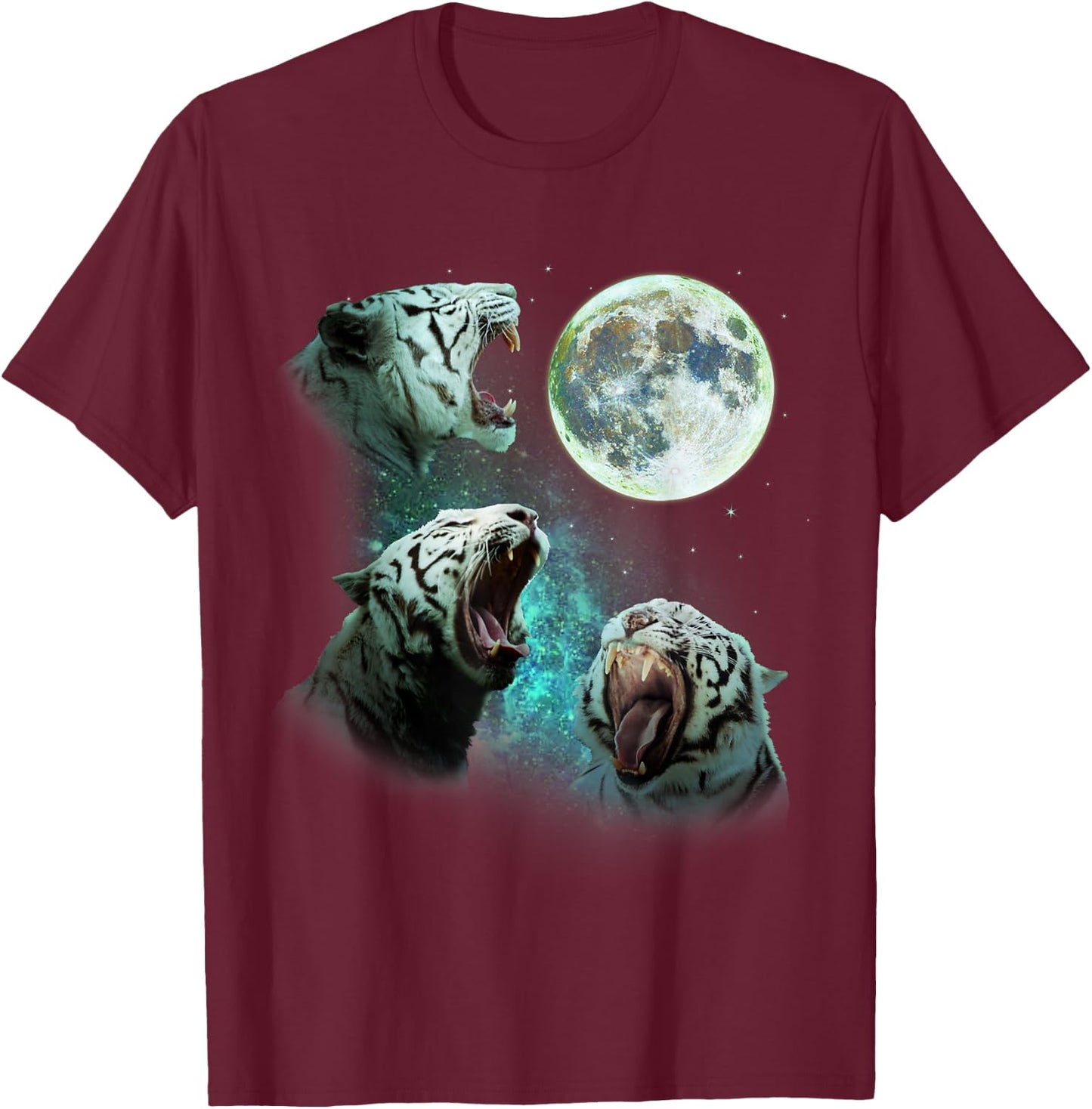 Three White Bengal Tigers Howl At Moon 3 Wolf Wolves Parody T-Shirt - T-Shirt | Maroon