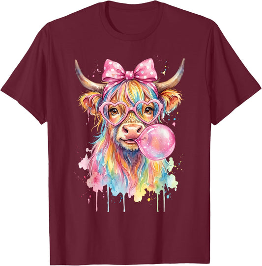 Highland Cow Blowing Bubblegum T-Shirt - T-Shirt | Maroon