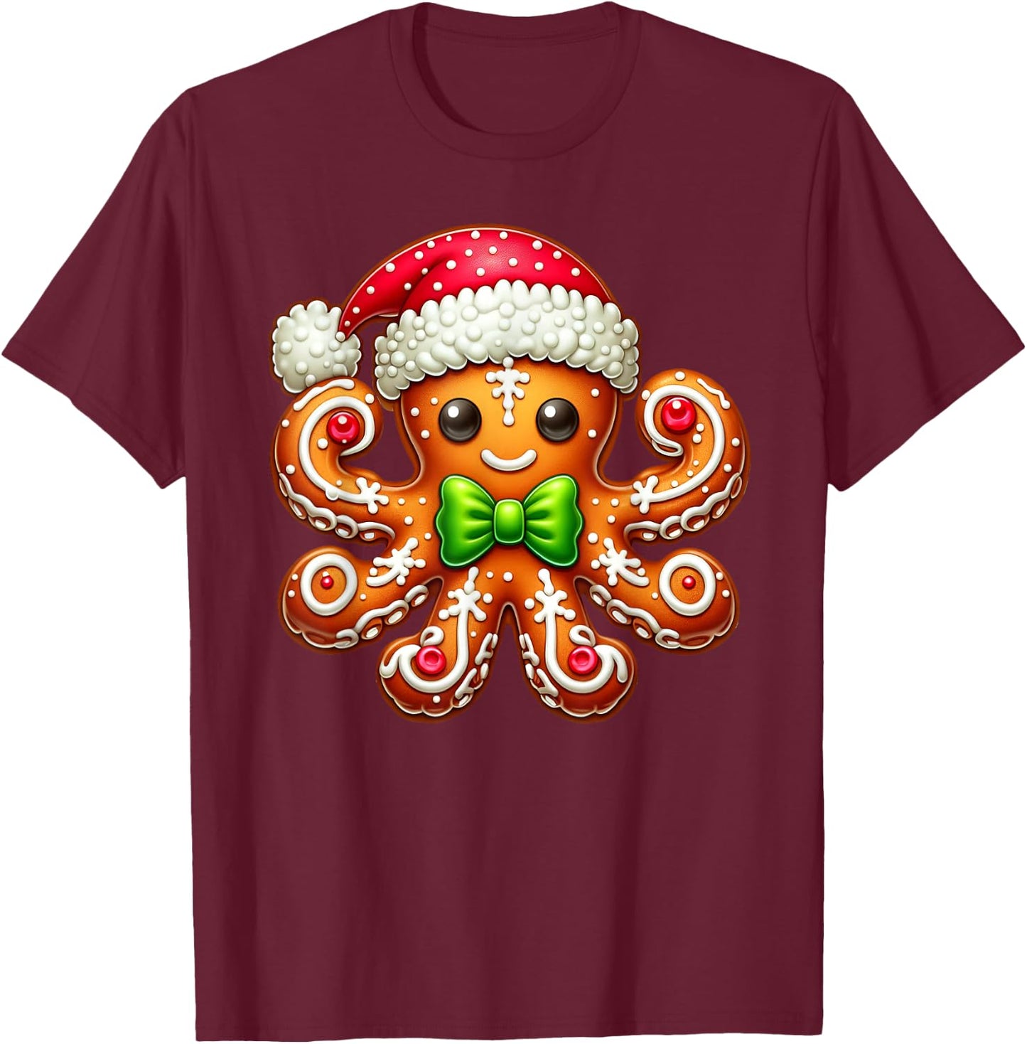 Funny Gingerbread Man Octopus Christmas Kids T-Shirt - T-Shirt | Maroon