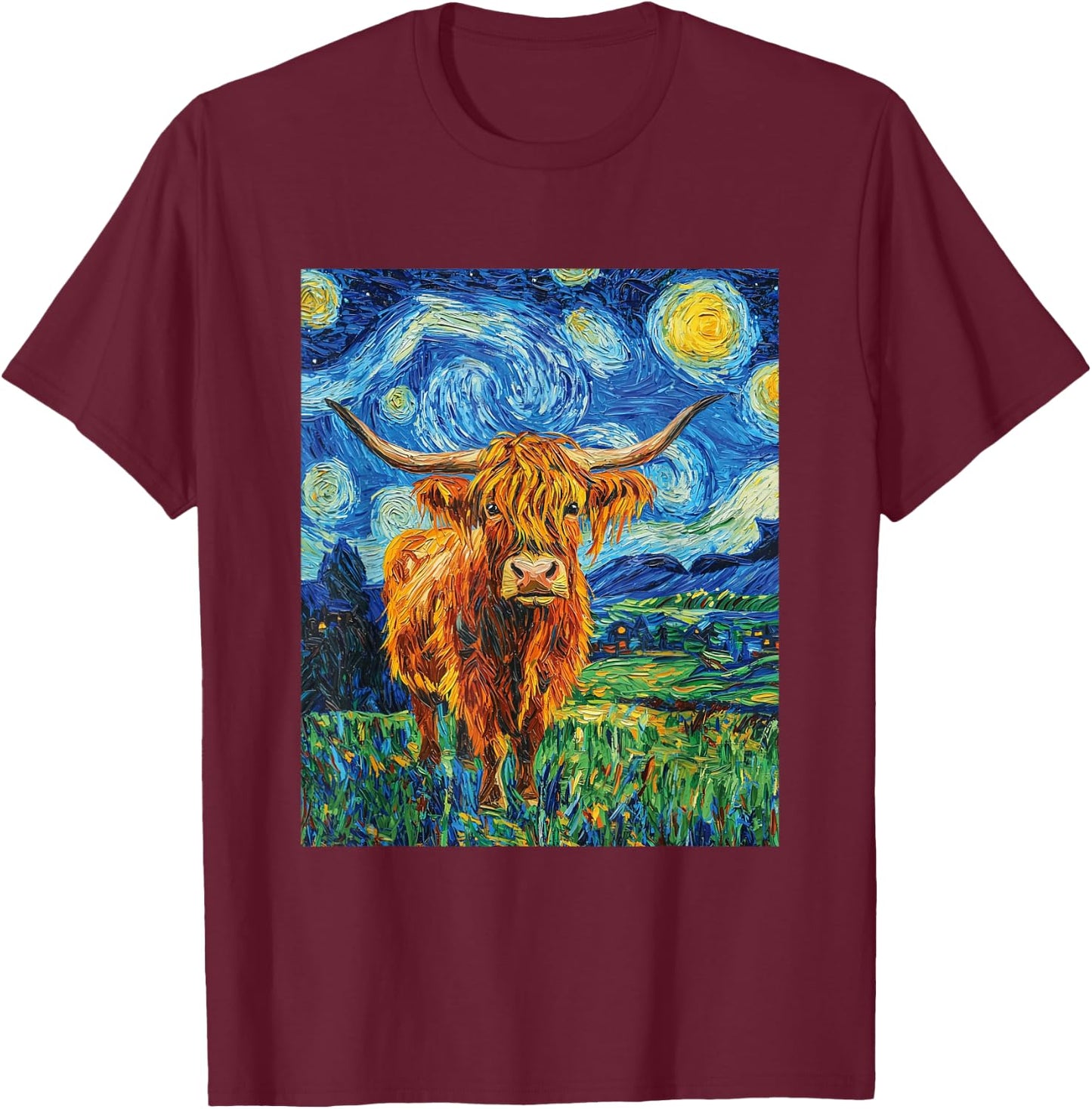 Funny Highland Cow Graphic Van Gogh Style Starry Night T-Shirt - T-Shirt | Maroon