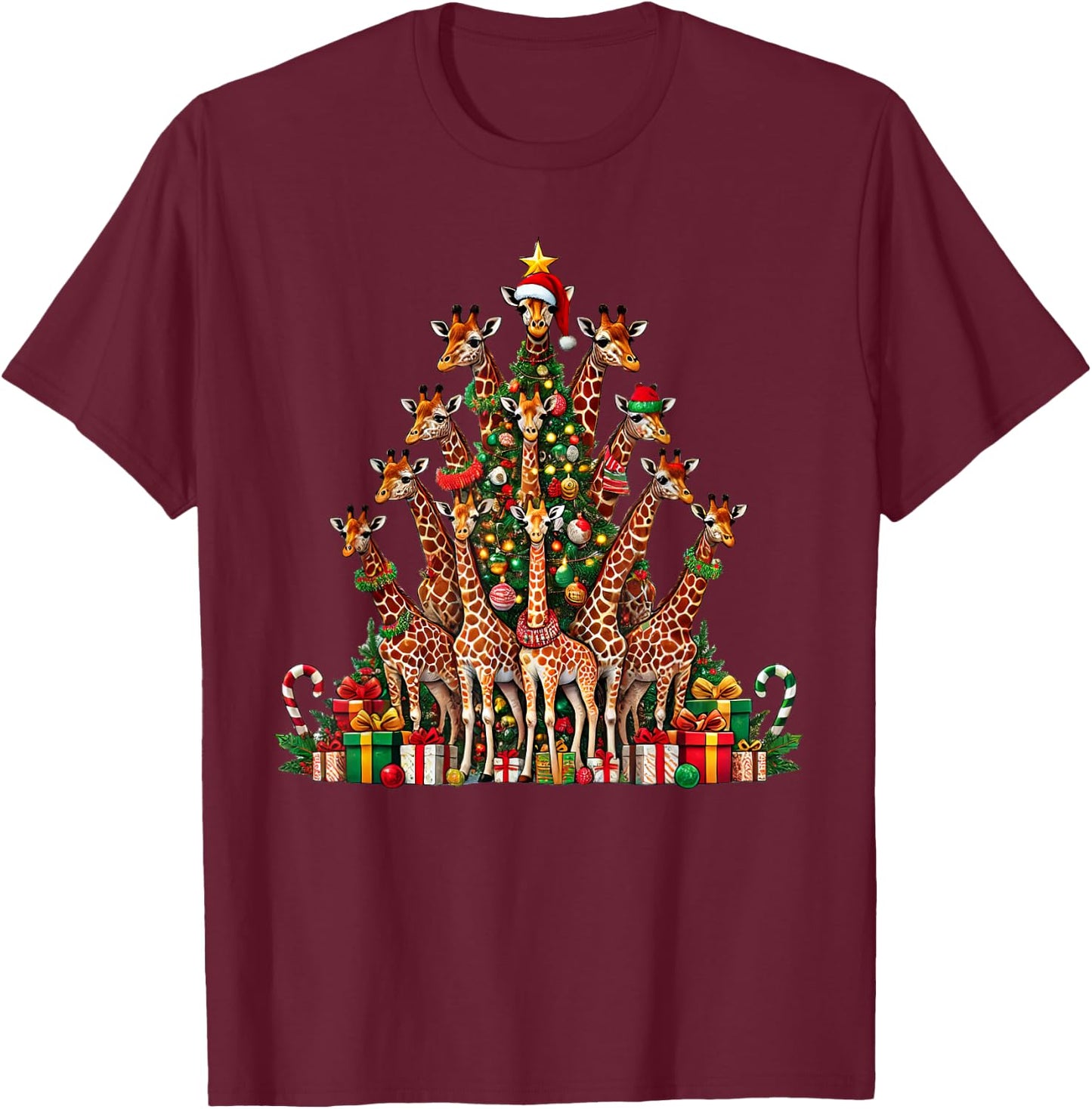 Giraffe Christmas Tree Funny Giraffe Xmas T-Shirt - T-Shirt | Maroon
