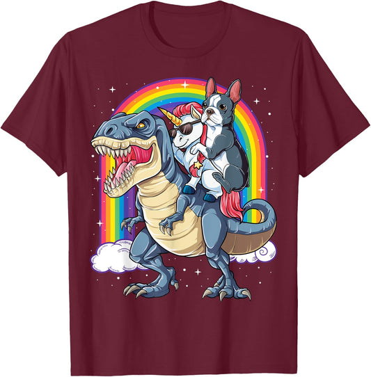 Boston Terrier Unicorn Riding Dinosaur T-rex Gift Boys Girls T-Shirt - T-Shirt | Maroon