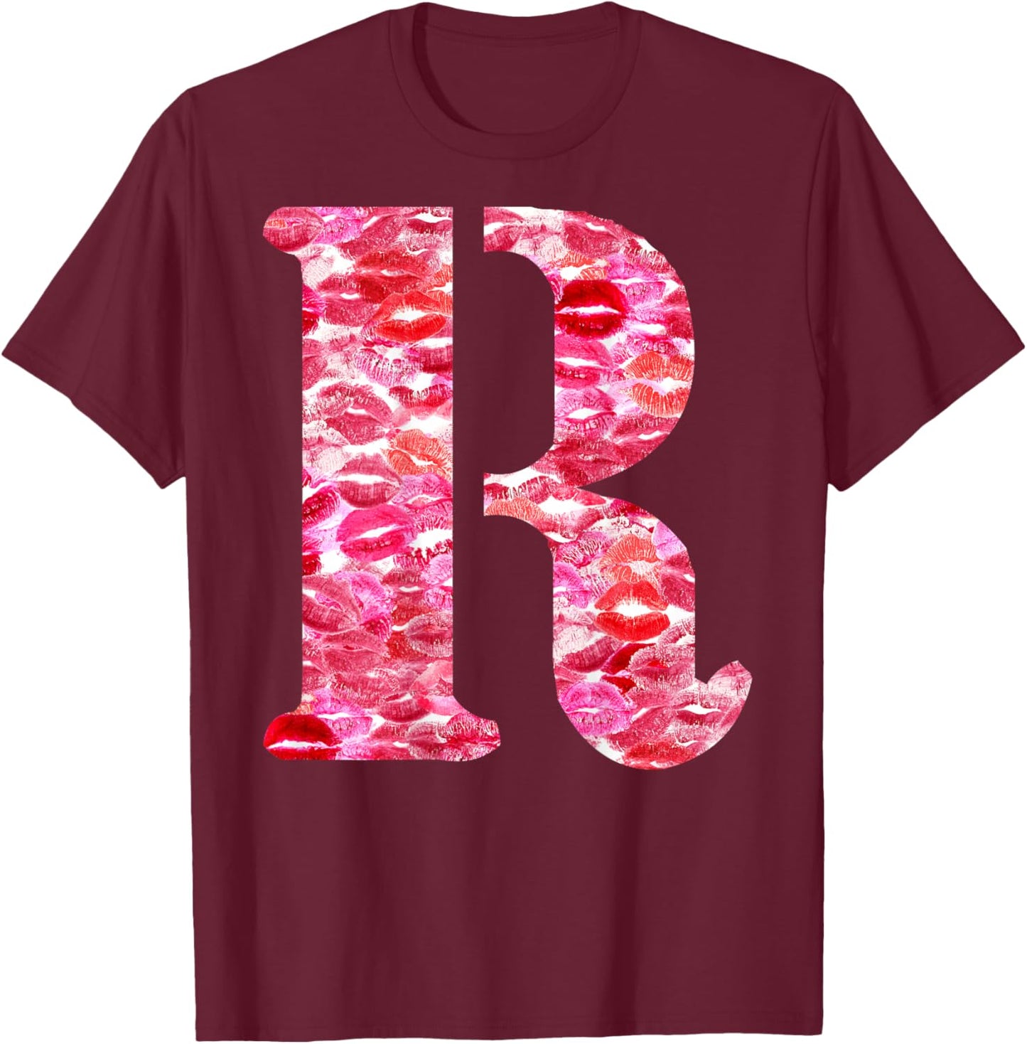 Back Print Only - Lipstick Kisses For Boyfriend Letter R T-Shirt - T-Shirt | Maroon