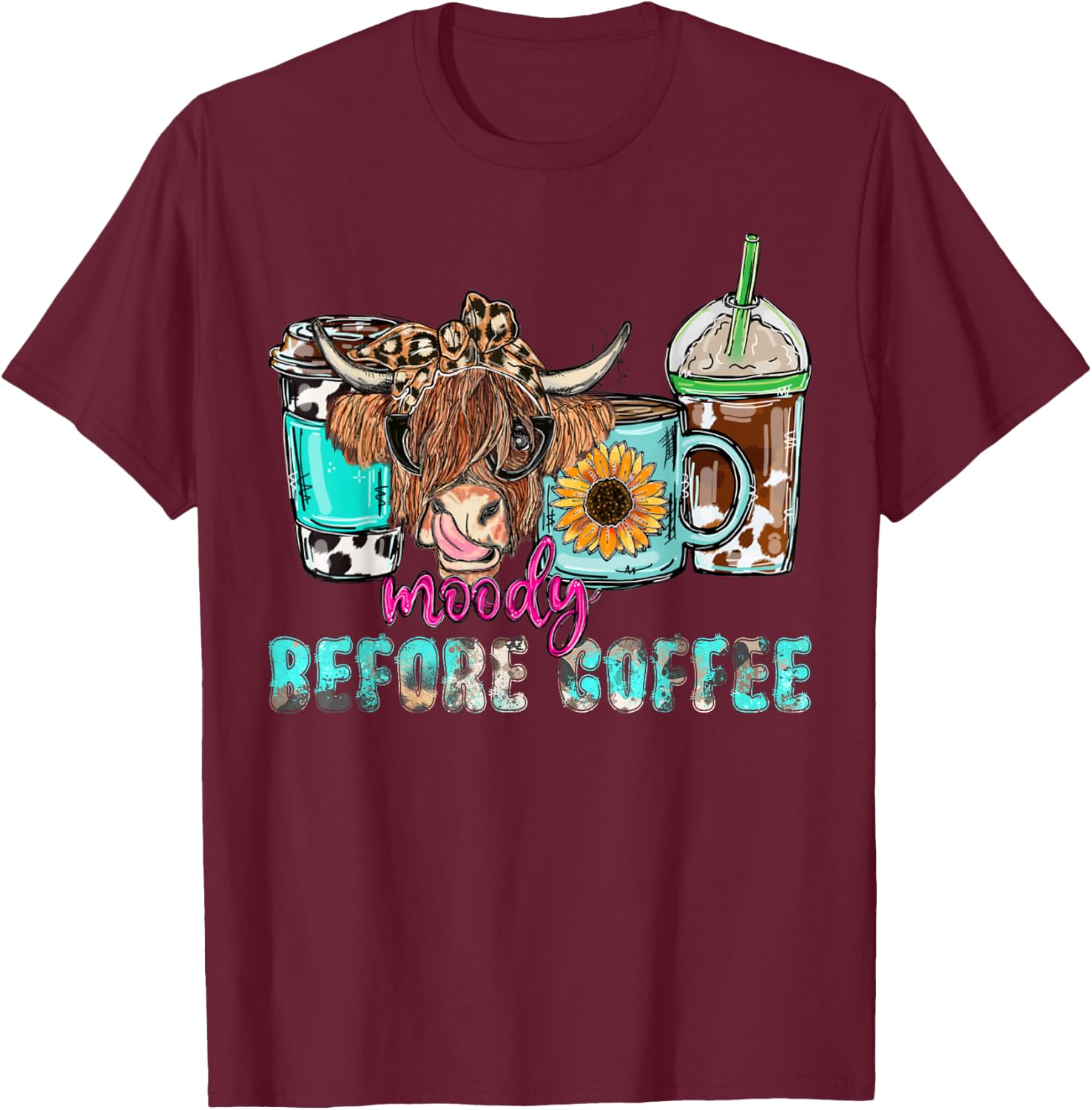 Cute Highland Cow Moody Before Coffee Lover Western Country T-Shirt - T-Shirt | Maroon