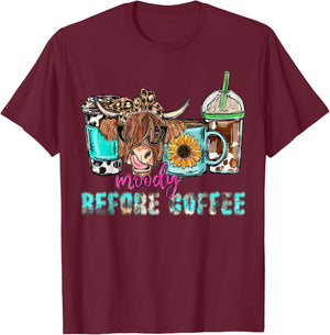 Cute Highland Cow Moody Before Coffee Lover Western Country T-Shirt - T-Shirt | Maroon