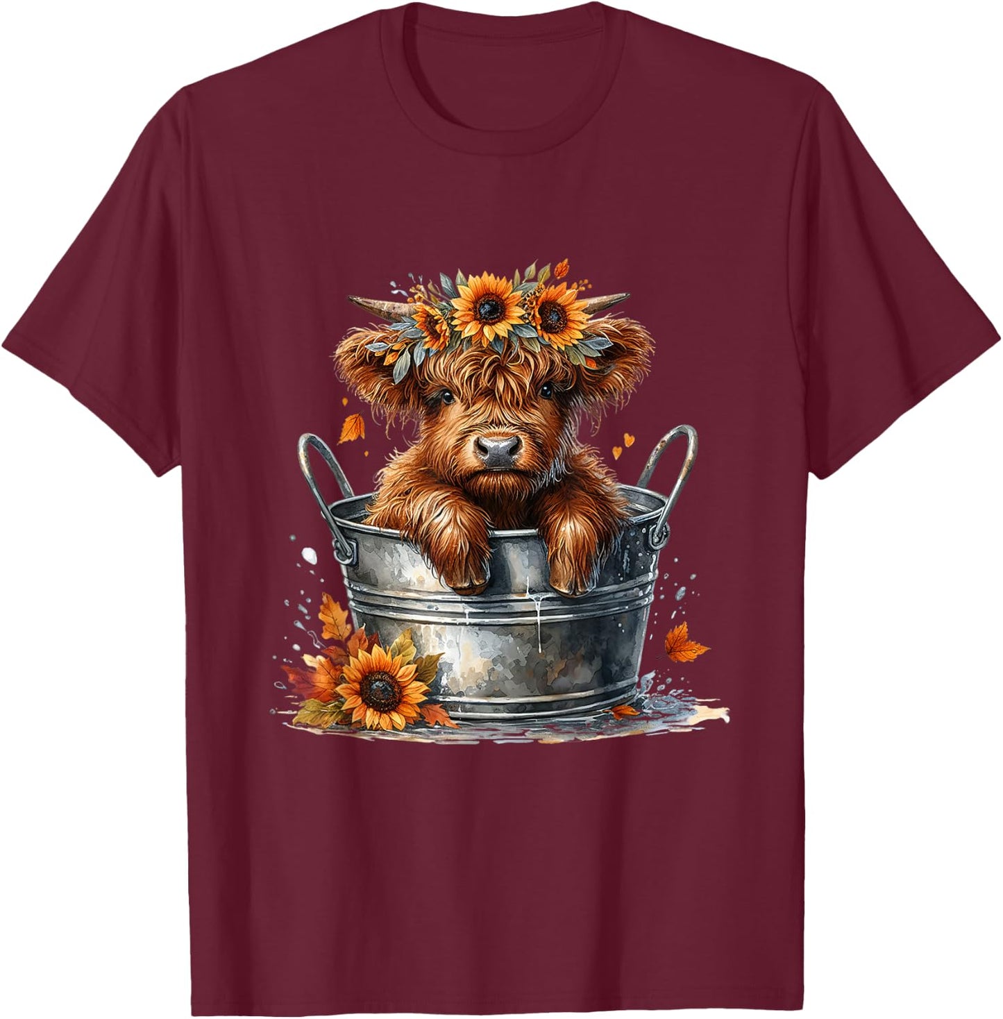 Highland Cow Sunflower It's Fall Y'all Farming Fall Vibes T-Shirt - T-Shirt | Maroon