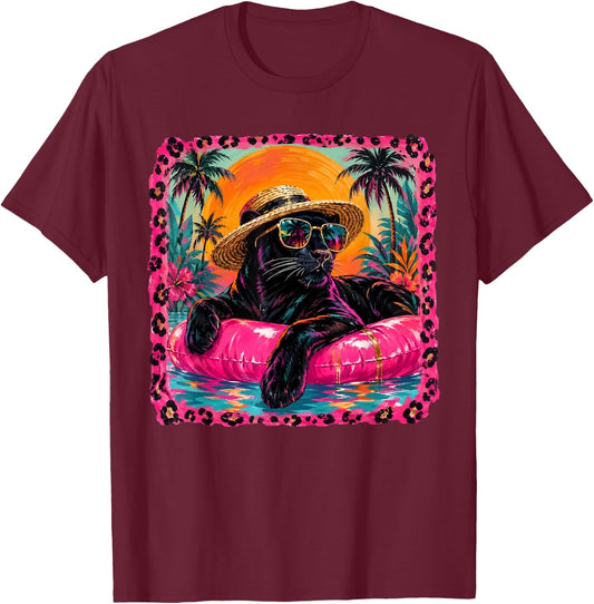 Leopard Summer Panther with Glasses Summer Vacation T-Shirt - T-Shirt | Maroon