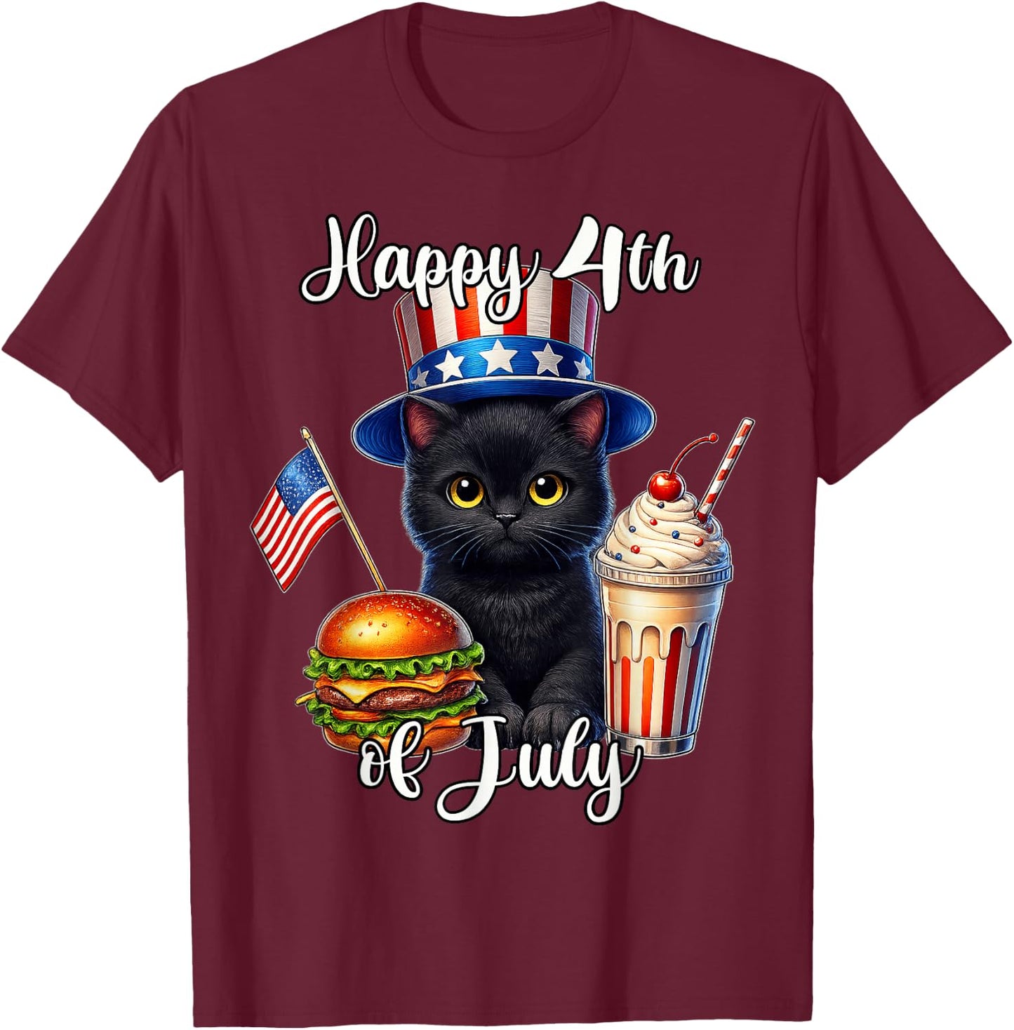 Black Cat Fourth of July American T-Shirt - T-Shirt | Maroon