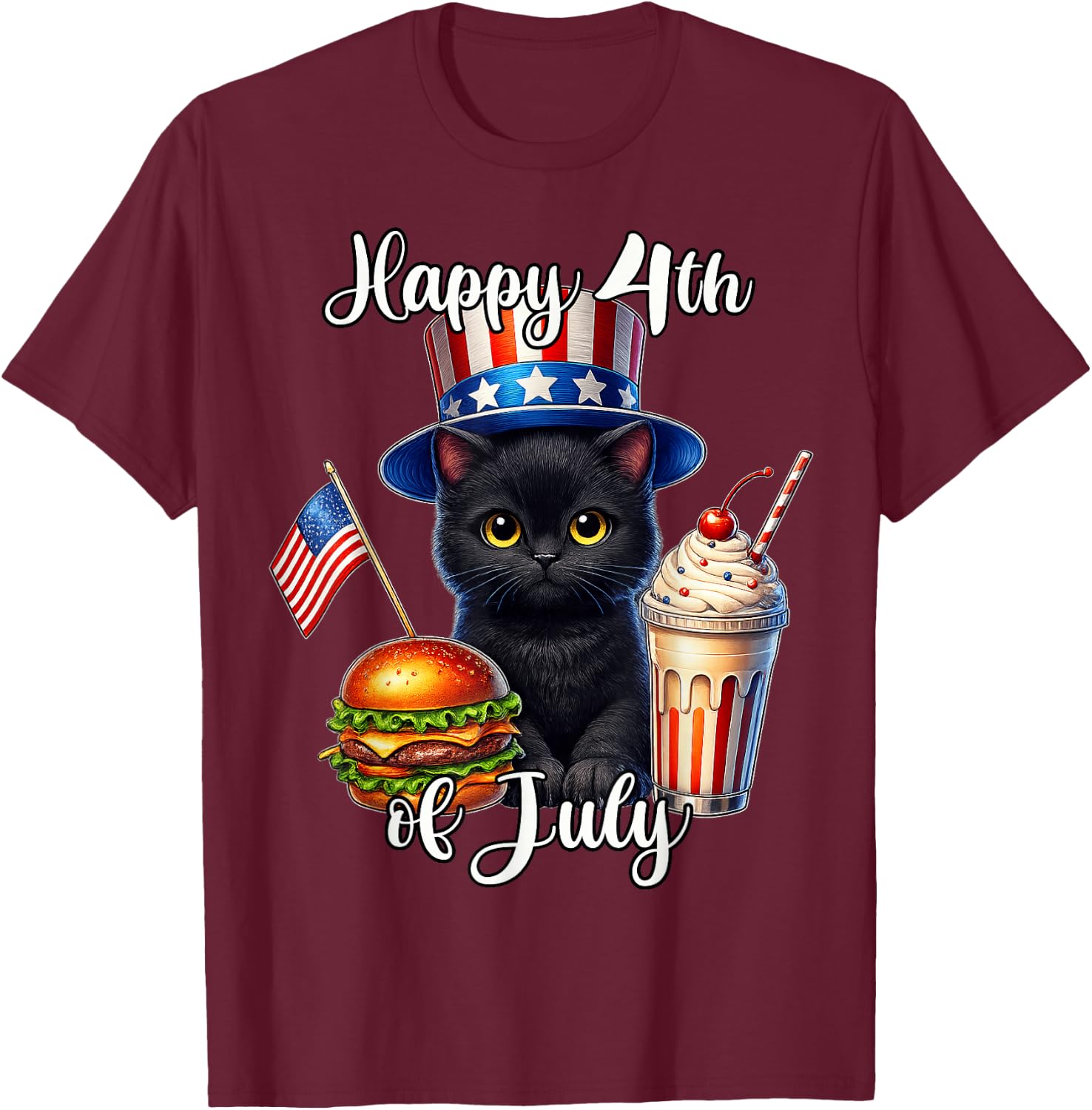 Black Cat Fourth of July American T-Shirt - T-Shirt | Maroon