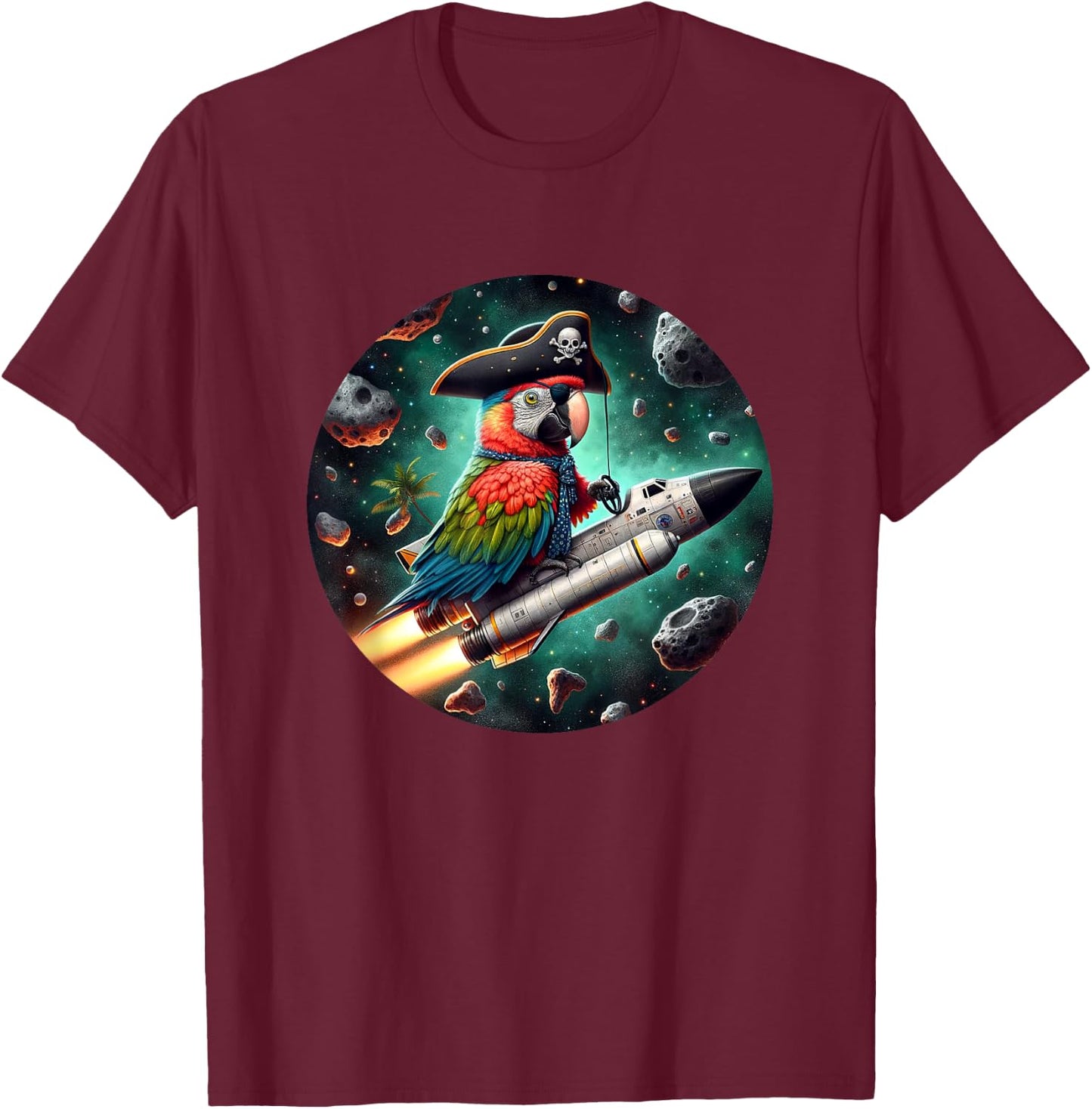 Funny Pirate Parrot in Space T-Shirt - T-Shirt | Maroon