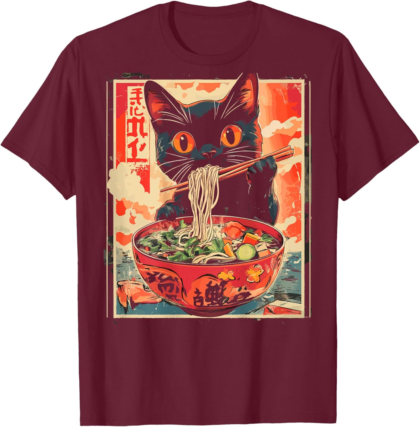 Cat Ramen Noodle Japanese Backprint , black T-Shirt - T-Shirt | Maroon