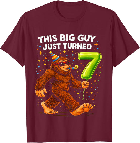 Kids Bigfoot Seven 7th Birthday Sasquatch 7 Year Old Birthday Boy T-Shirt - T-Shirt | Maroon
