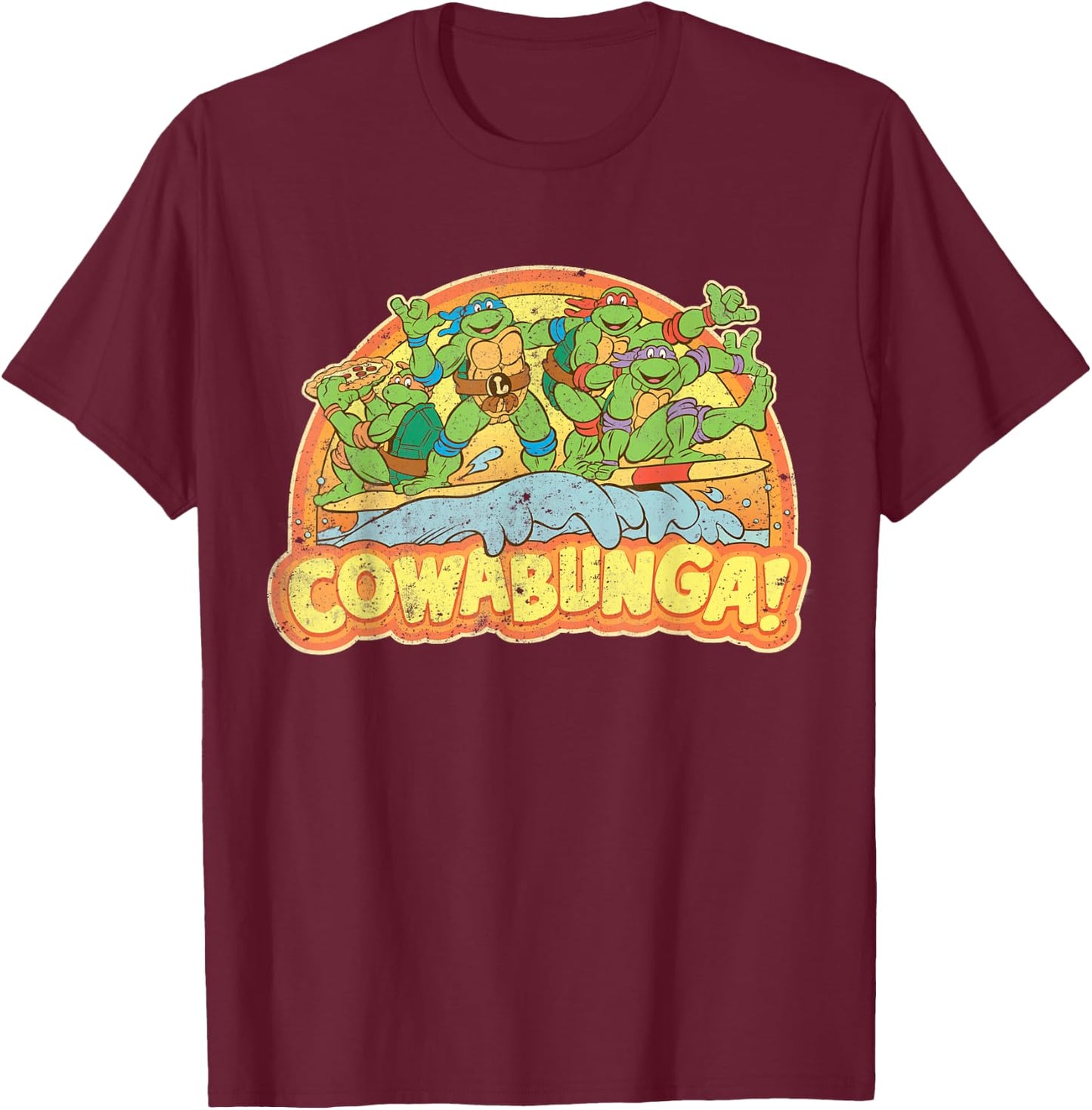 Teenage Mutant Ninja Turtles Gang Retro Cowabunga T-Shirt - T-Shirt | Maroon