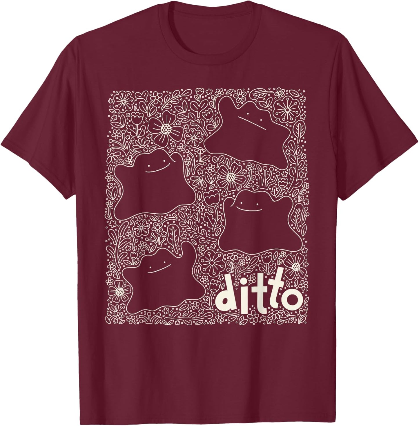Pokémon - Generation 1 - Ditto Dainty Florals Background T-Shirt - T-Shirt | Maroon