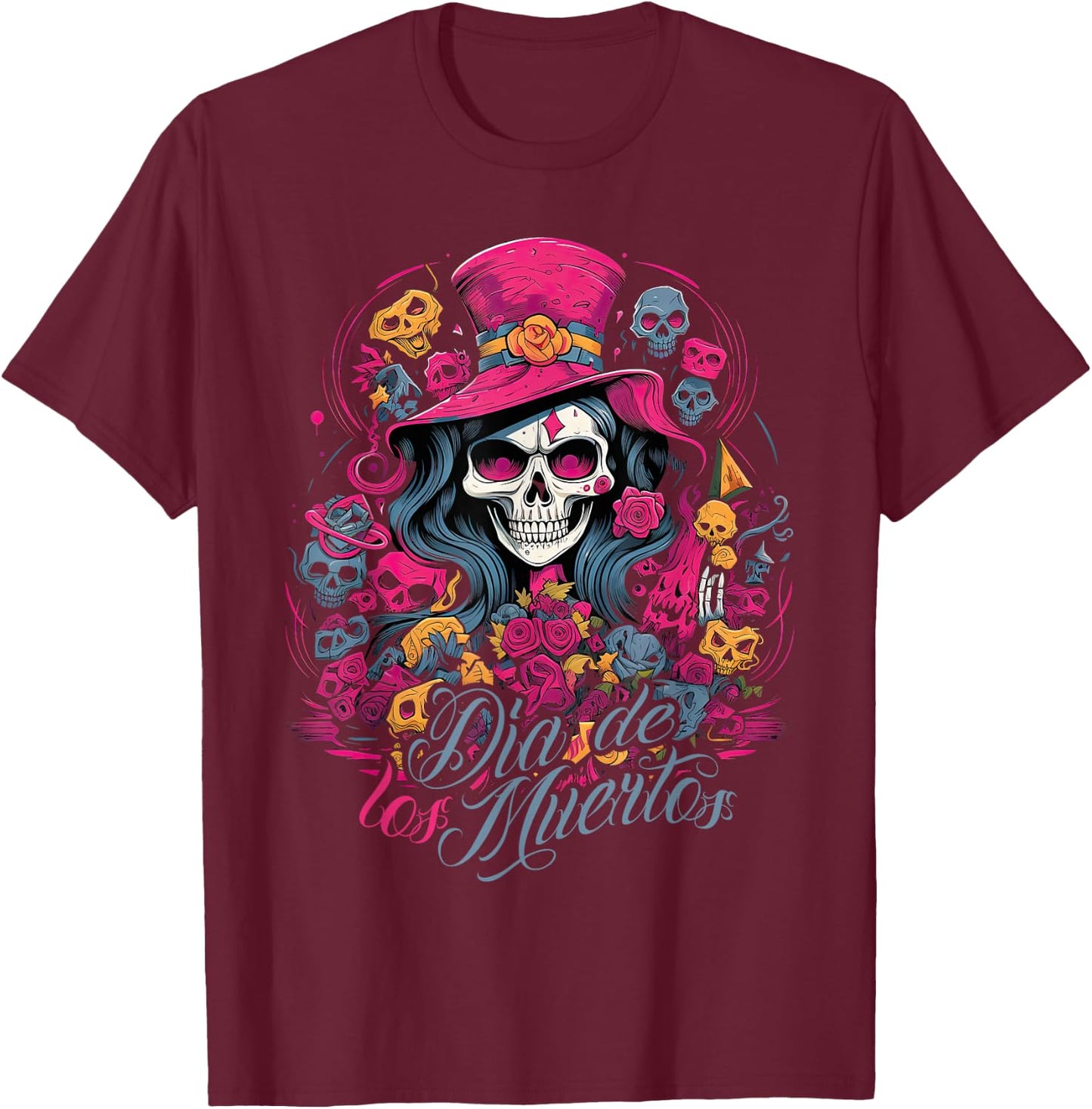 La Catrina Dress Stylish Day of the Dead Costume La Catrina , black T-Shirt - T-Shirt | Maroon