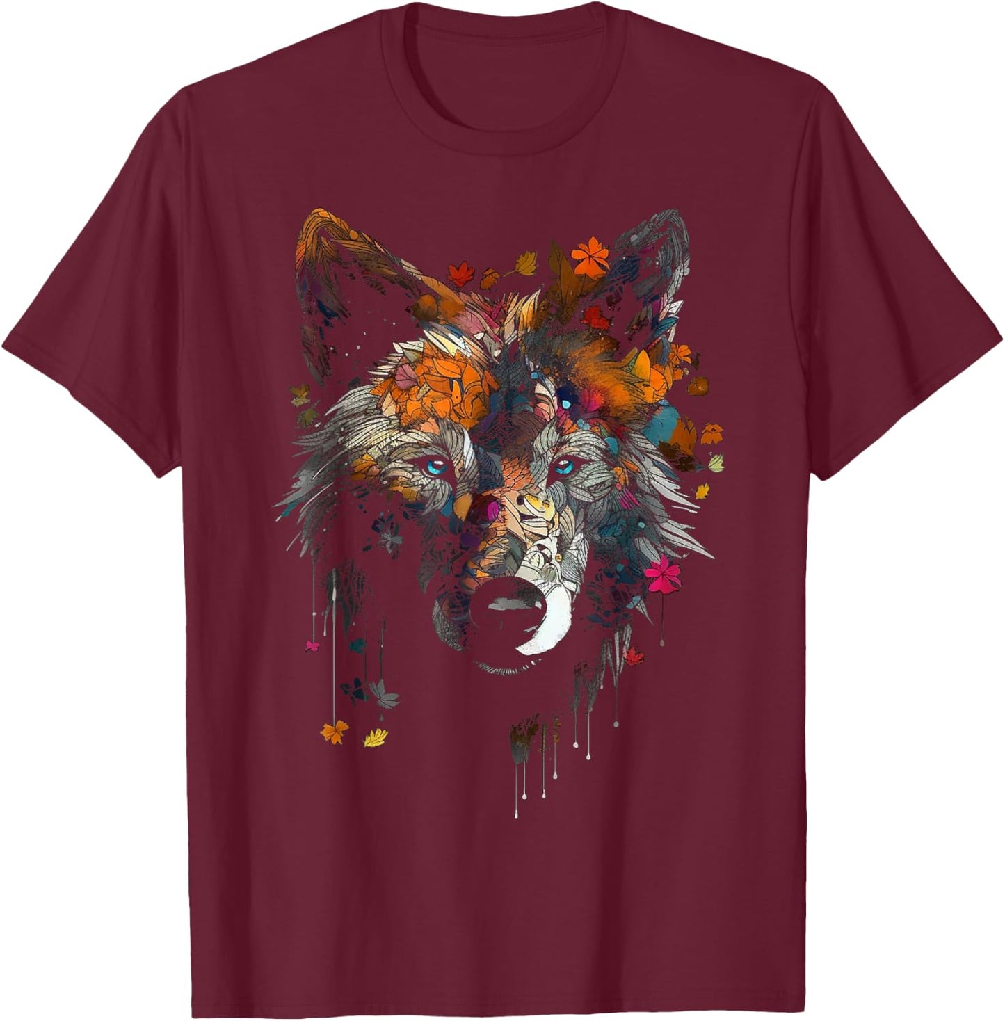 Wolf Herbst Blätter - Blaue Augen - Tier Kunst Motiv Wolf T-Shirt - T-Shirt | Maroon