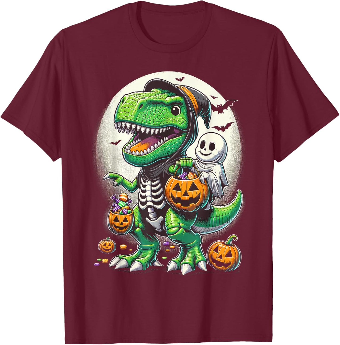 Halloween Funny T Rex Dinosaur Witch Boys Trick Treat T-Shirt - T-Shirt | Maroon
